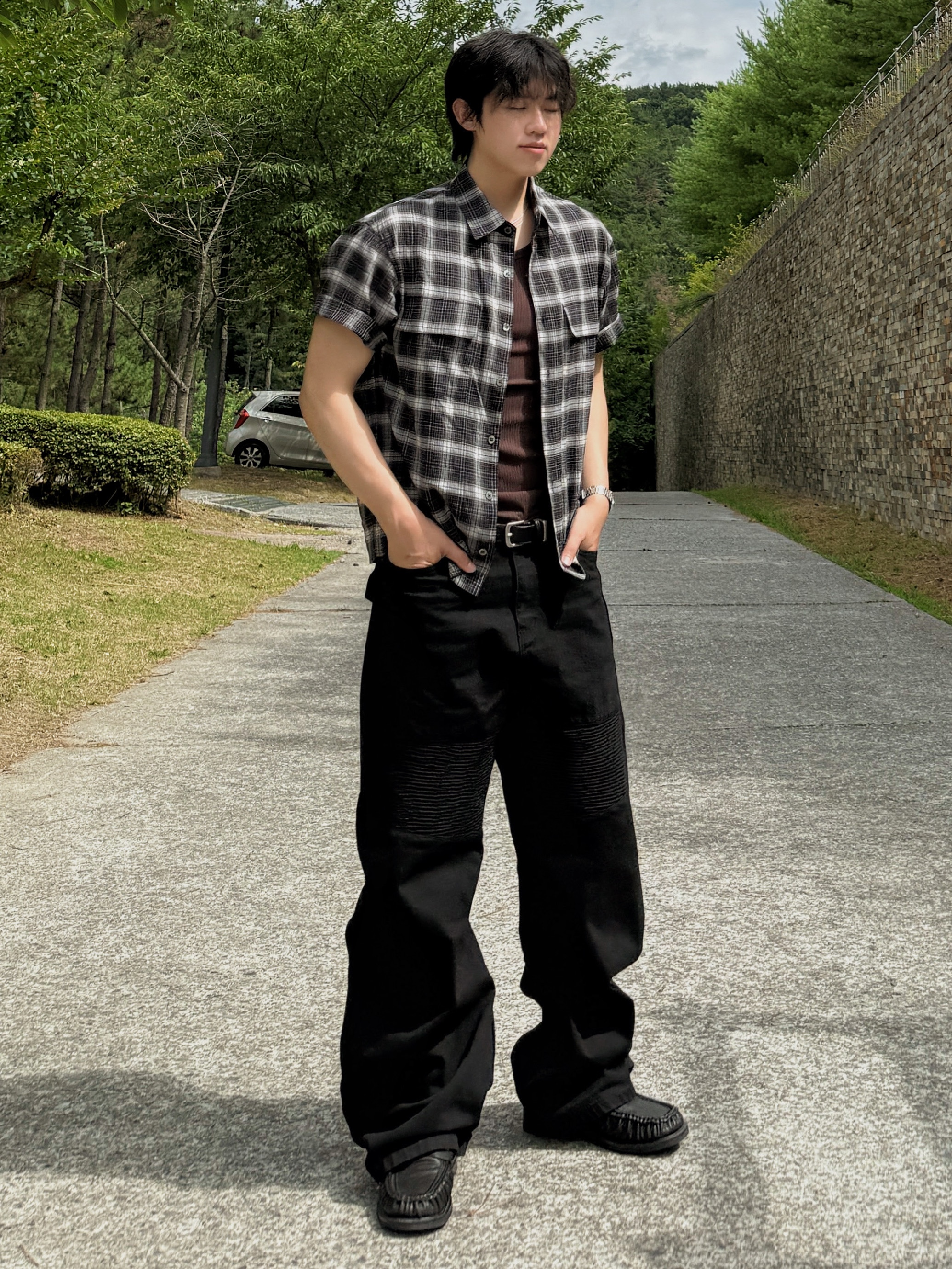 noun Crop Check Shirts Black 착용 스타일 - 2