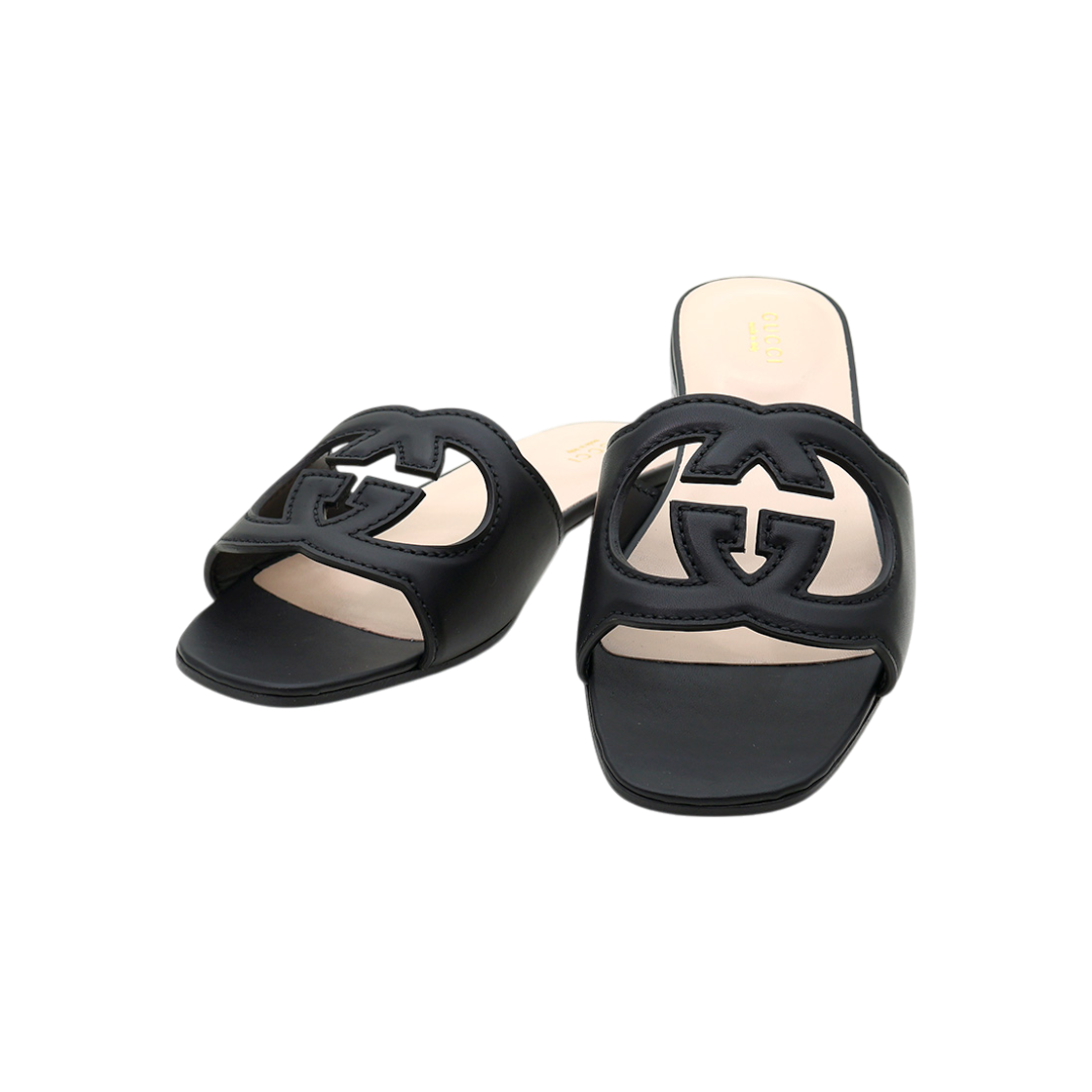 ITJAL7U5O7H2 Gucci 694451 Black Leather Interlocking G Cutout Slide Mules Sandals