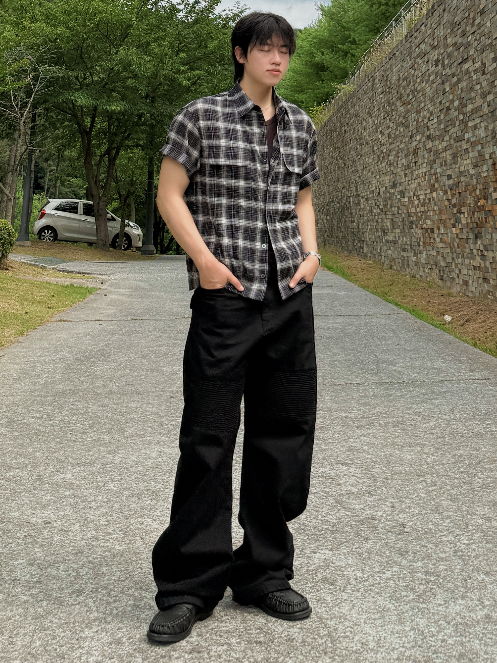 noun Crop Check Shirts Black 착용 스타일 - 1