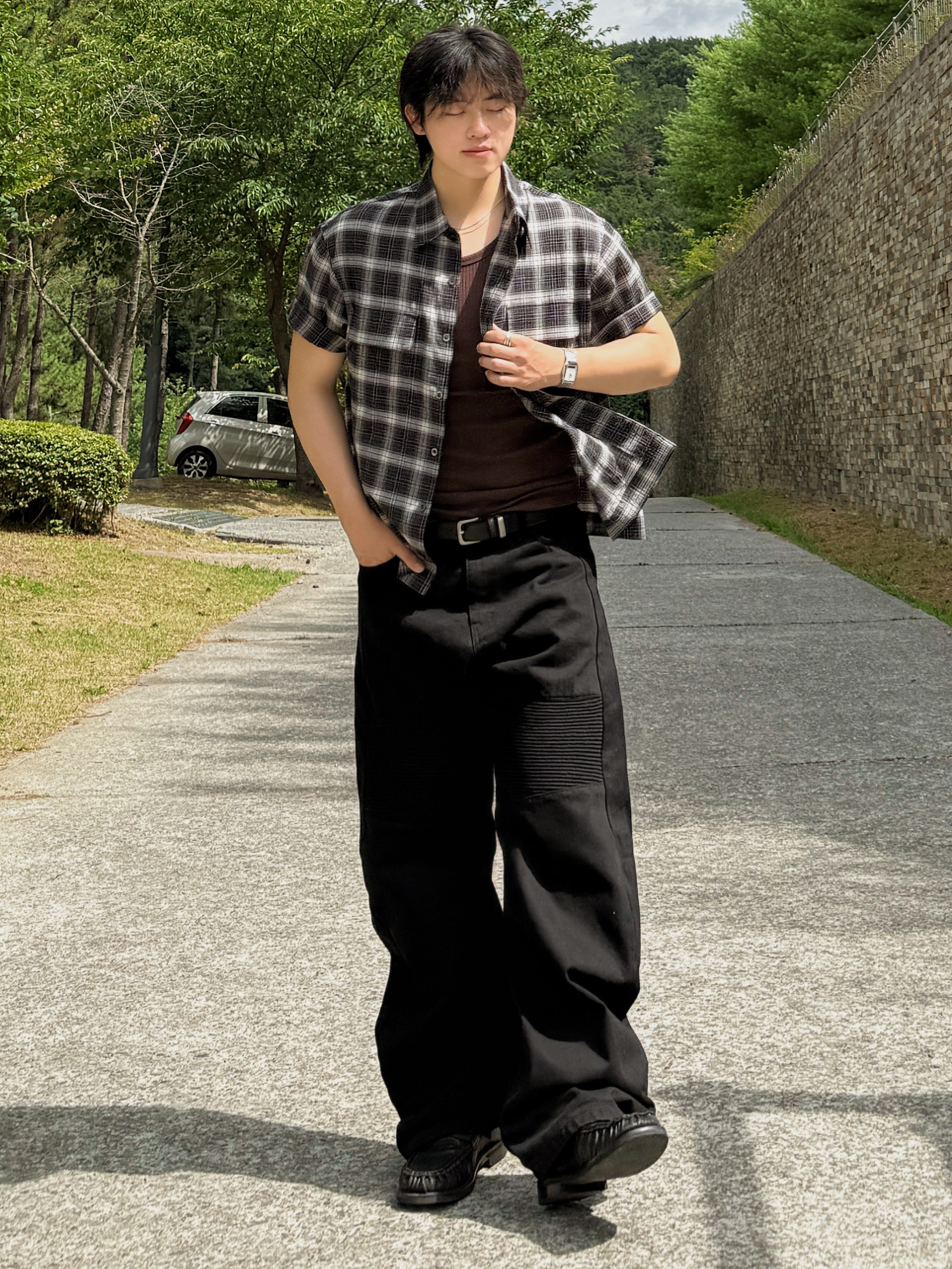 noun Crop Check Shirts Black 착용 스타일 - 5