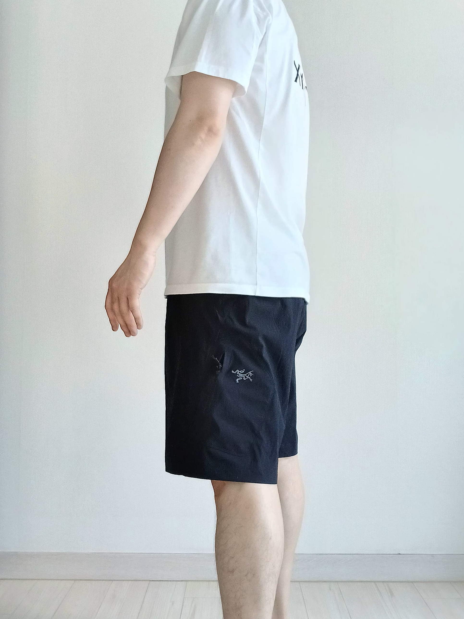 Arc'teryx Konseal Shorts 9 Inch Black, Arc'teryx Kragg SL Cotton Bird Word SS T-Shirt White Light Black 착용 스타일 - 2