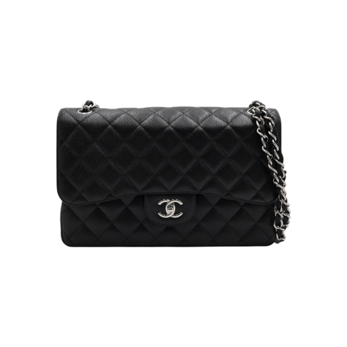ITRH4CMEO4J6 Chanel A58600 Black Caviar Classic Jumbo Silver Chain Shoulder Bag