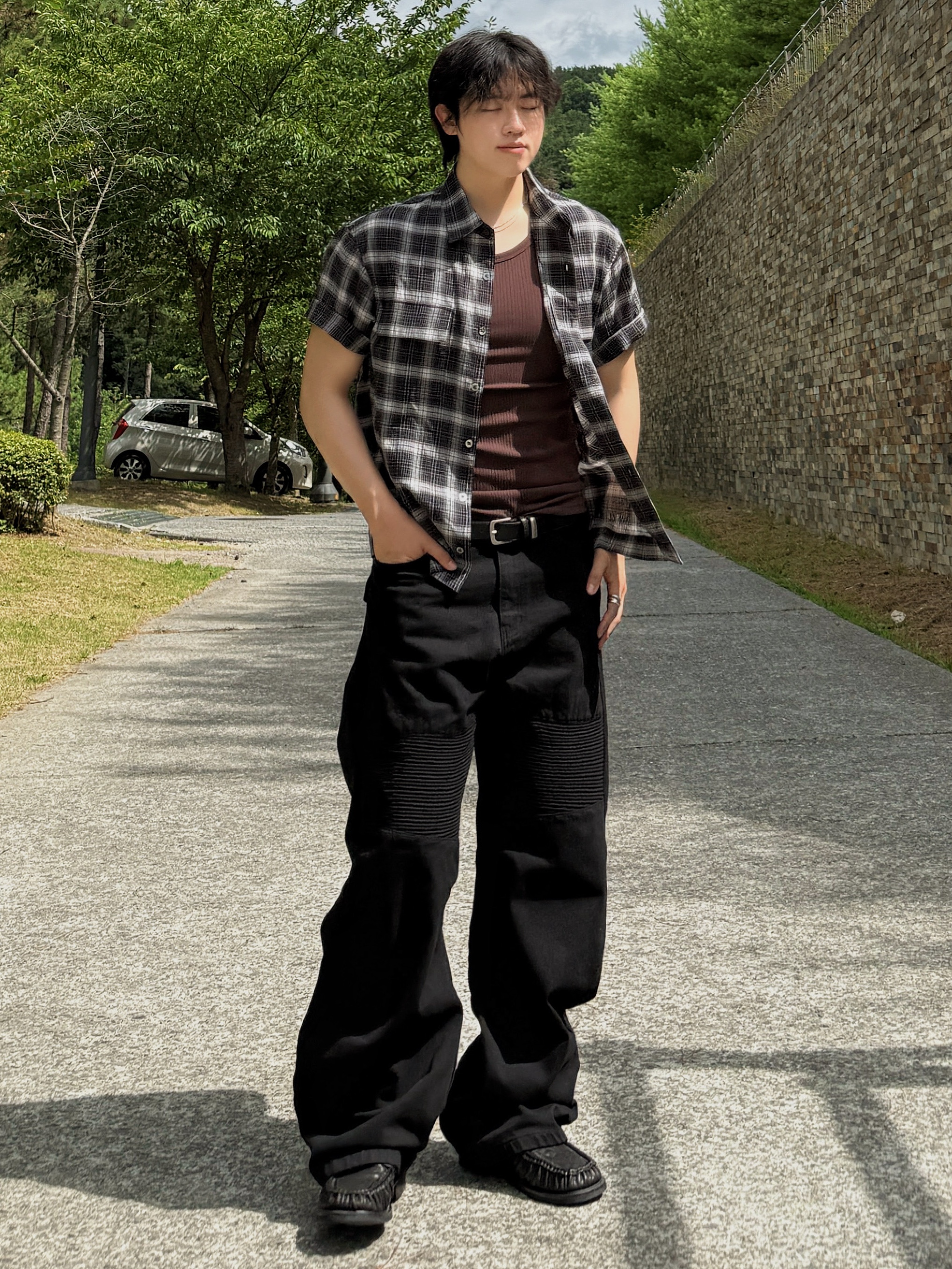noun Crop Check Shirts Black 착용 스타일 - 4