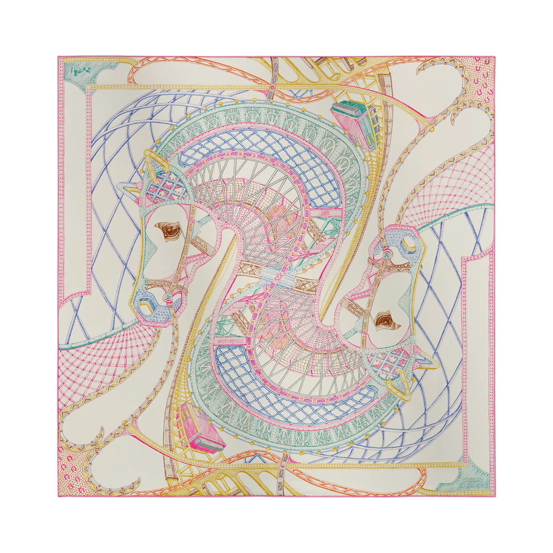 H004365S09 (W) Hermes Chevaux D'Hephaistos Scarf 90 Silk & Ivoire Rose Vert