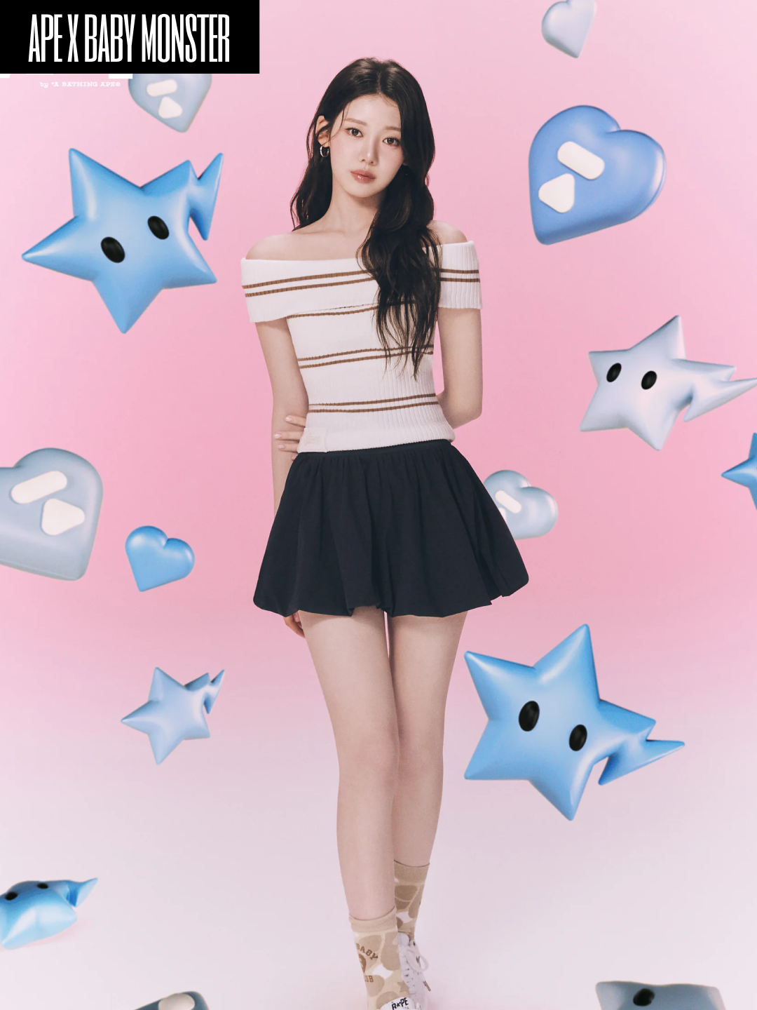 (W) BAPE Apee x Baby Monster Apee Baby Print T-Shirt #2 Ruka White, (W) BAPE Apee x Baby Monster Apee Baby Print T-Shirt #2 Ahyeon Sax 착용 스타일 - 4