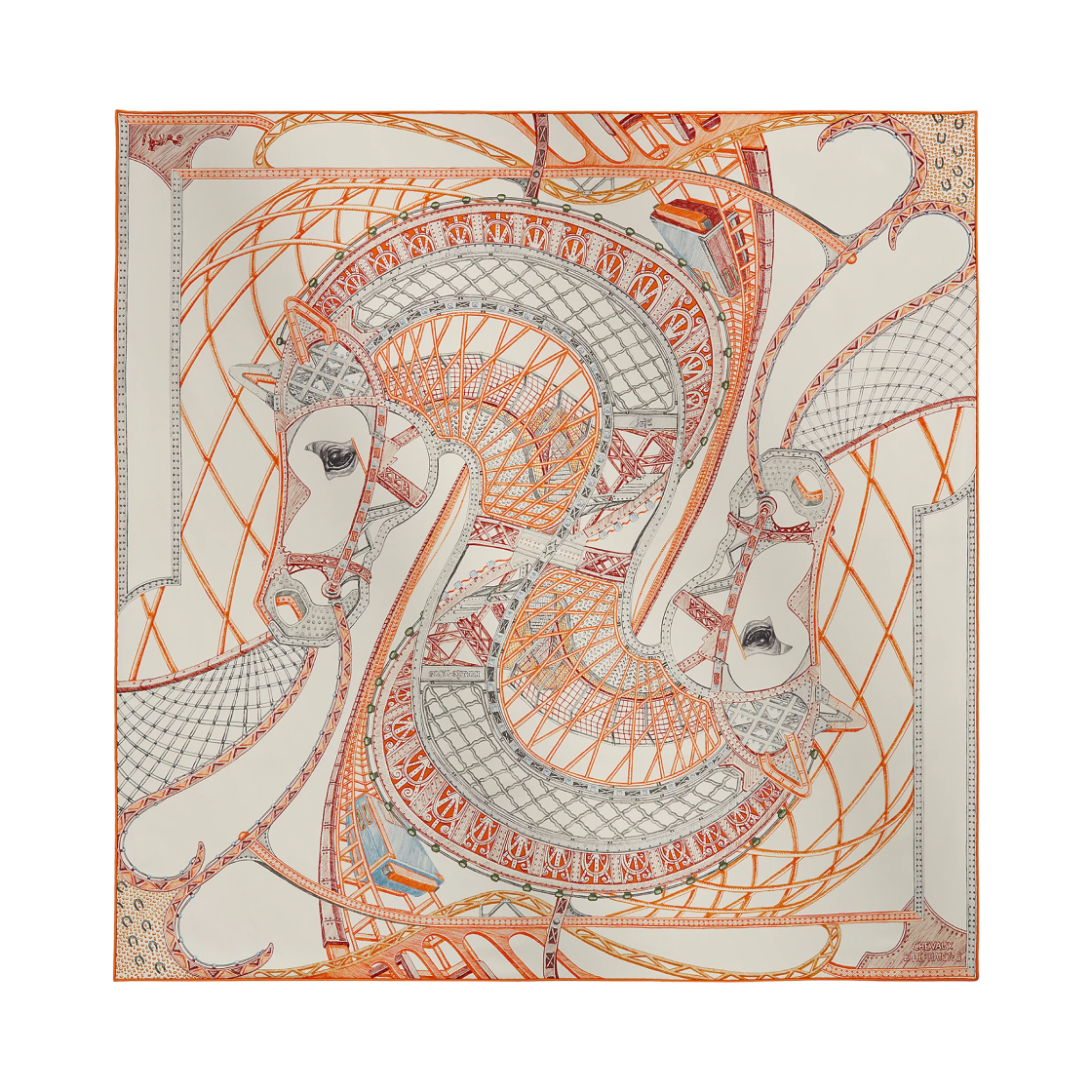 H004365S08 (W) Hermes Chevaux D'Hephaistos Scarf 90 Silk & Gris Perle Orange Vert De Gris