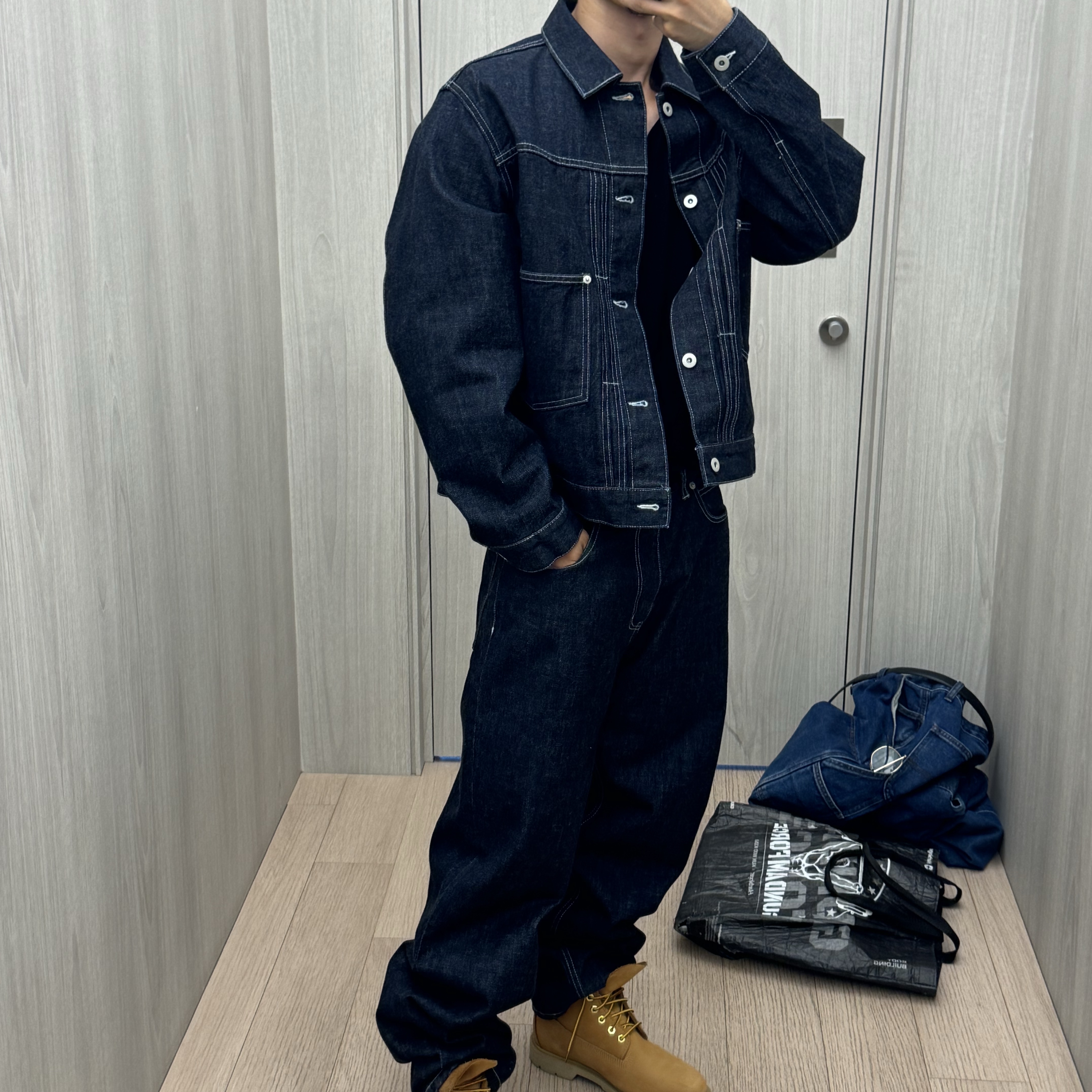 AKRYL Denim Boxy Pants One Wash - 26FW, AKRYL Denim Boxy Jacket One Wash - 26FW 착용 스타일 - 1