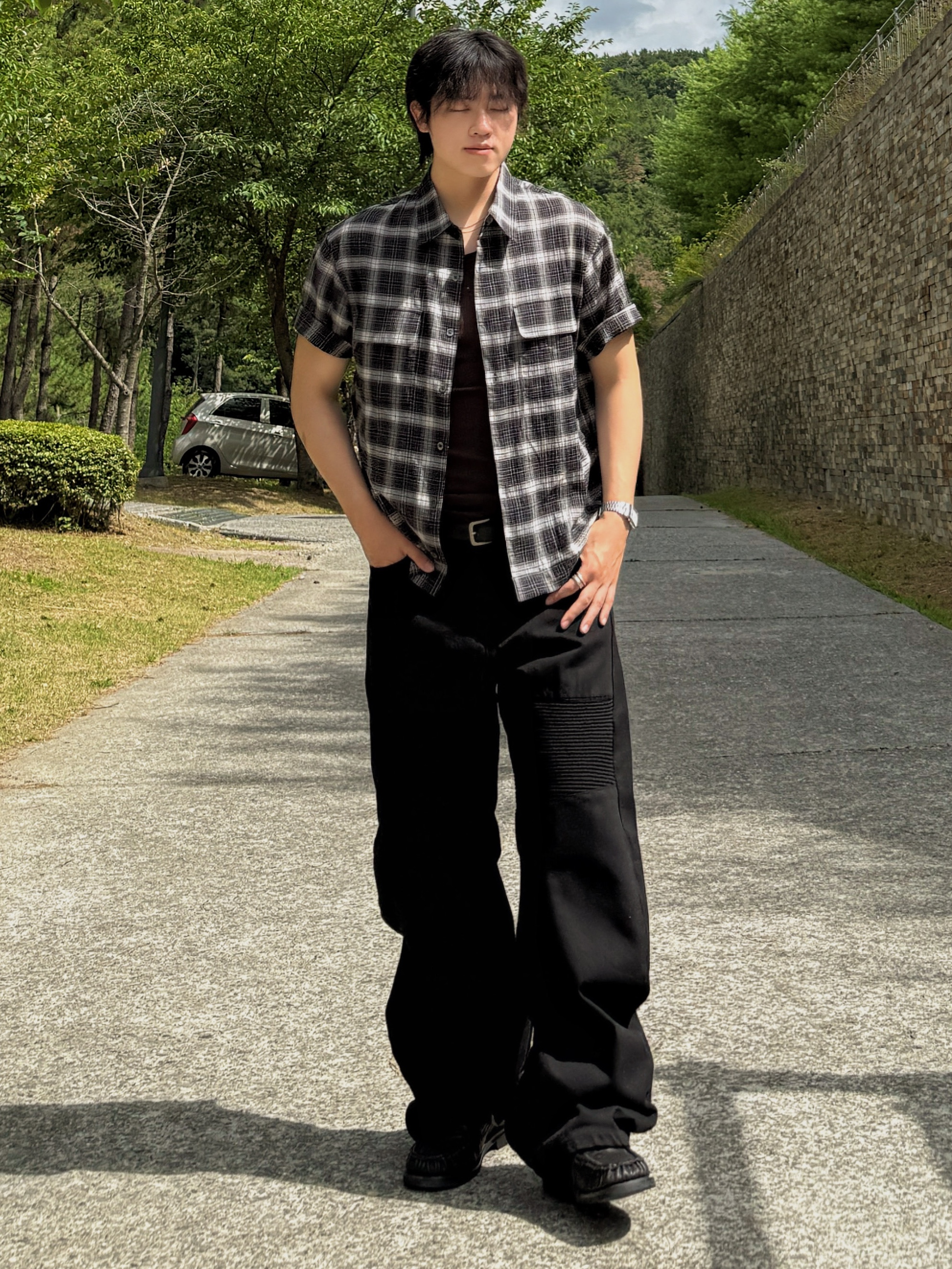 noun Crop Check Shirts Black 착용 스타일 - 3