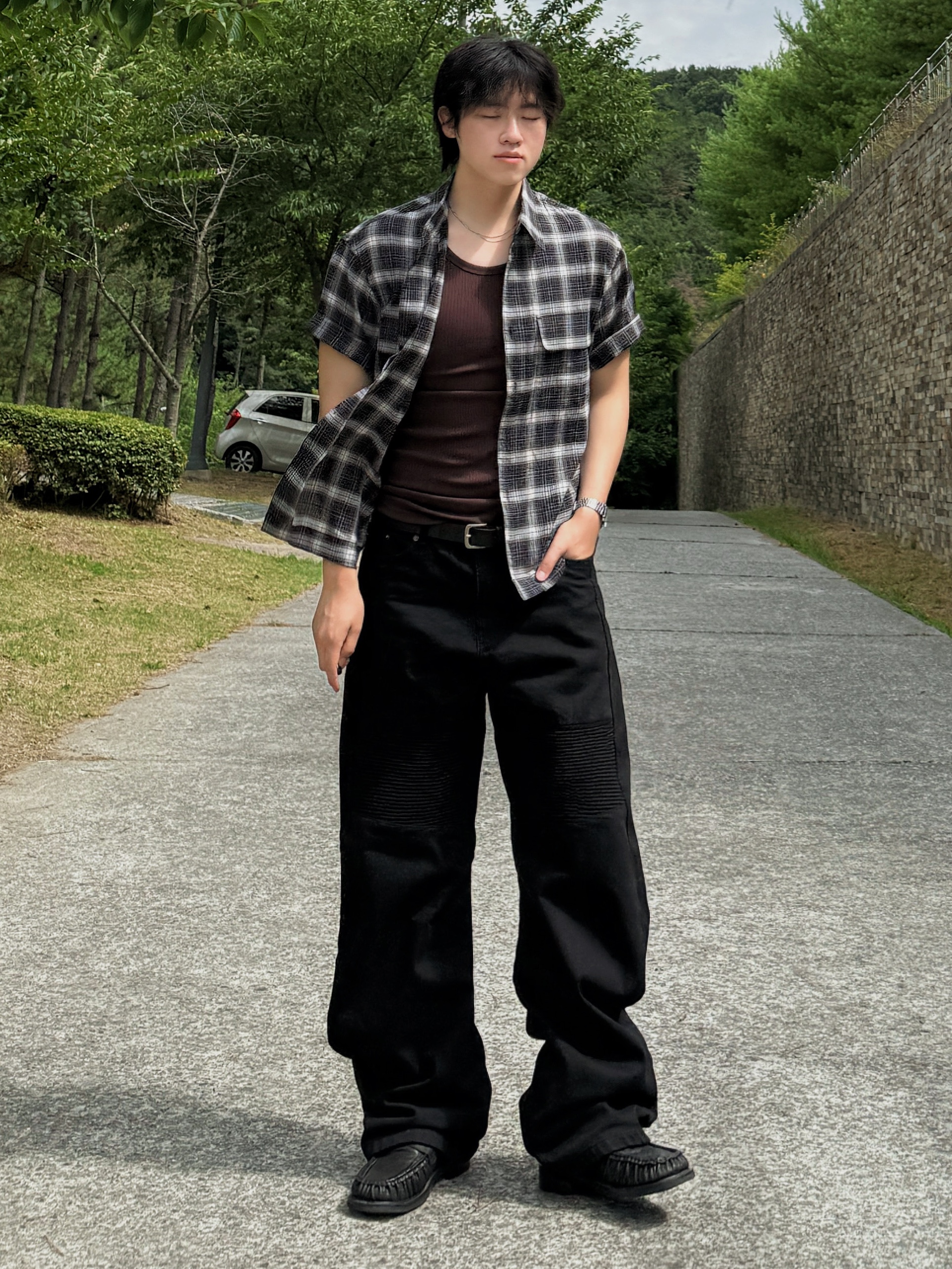 noun Crop Check Shirts Black 착용 스타일 - 6