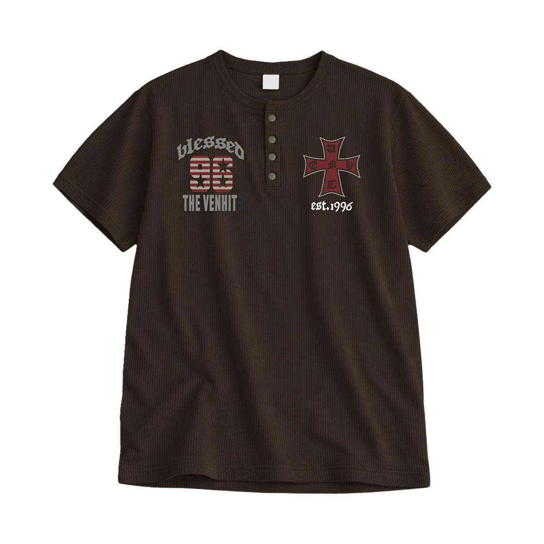101560-0002 venhit Blessed Henley Neck Waffle T-Shirt Brown