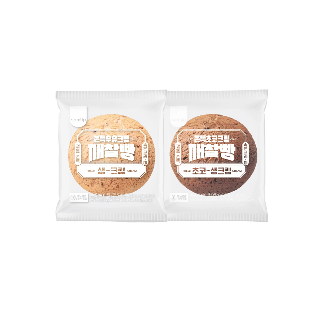 삼립 쫀득크림깨찰빵 2종(우유/초코) 400g 4입 2봉(8입/개별포장)(2 types of Samlip chewy cream sesame bread (milk/chocolate) 400 g 4 bites 2 bags (8 pieces/individual packaging))