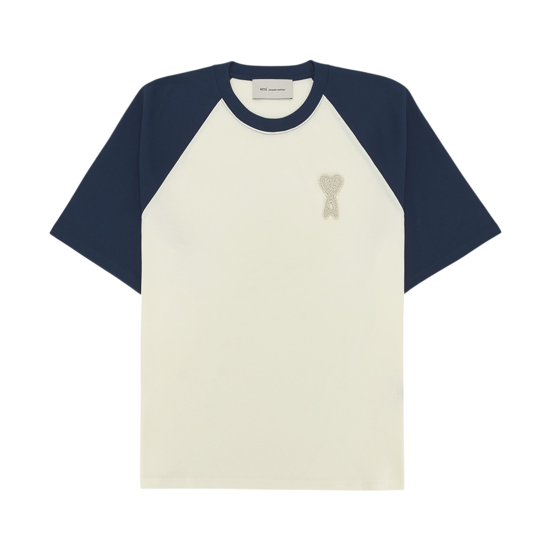 UTS379-726-A027 AMI White and Blue Cotton Ami De Coeur Knitted Patch T-Shirt White Cream Ink