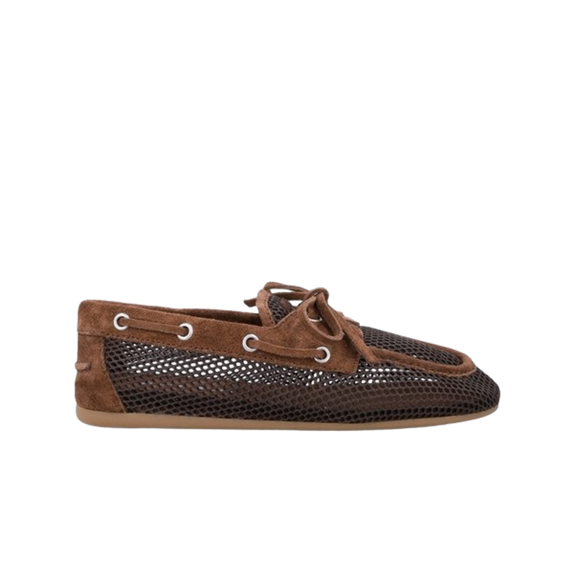 (W) 미우 미우 메쉬 앤 스웨이드 보트 슈즈 브라운((W) Miu Miu Mesh And Suede Boat Shoes Brown)