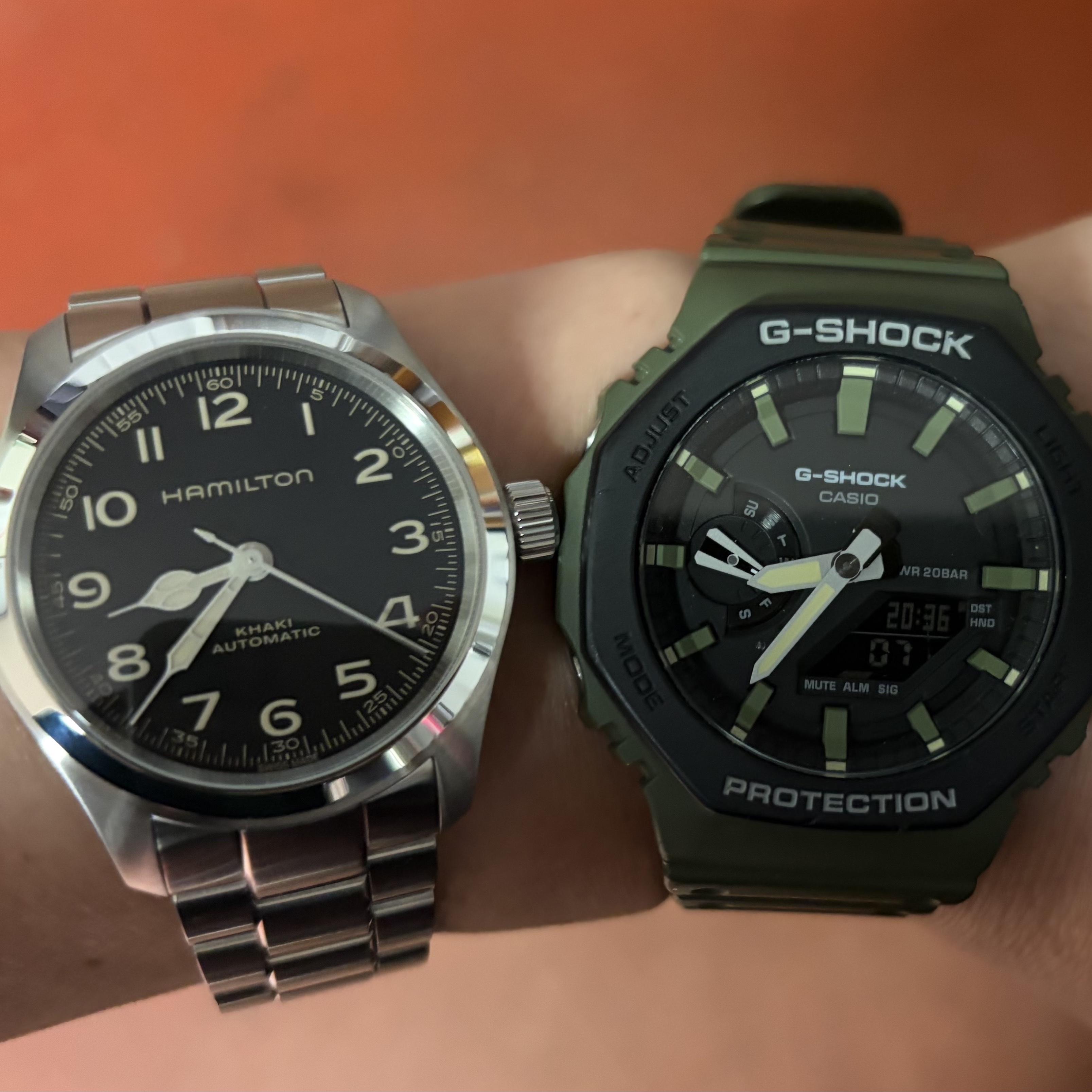 Hamilton Khaki Field Murph 38mm Automatic Stainless Steel Black, Casio G-Shock GA-2110SU-3A 착용 스타일