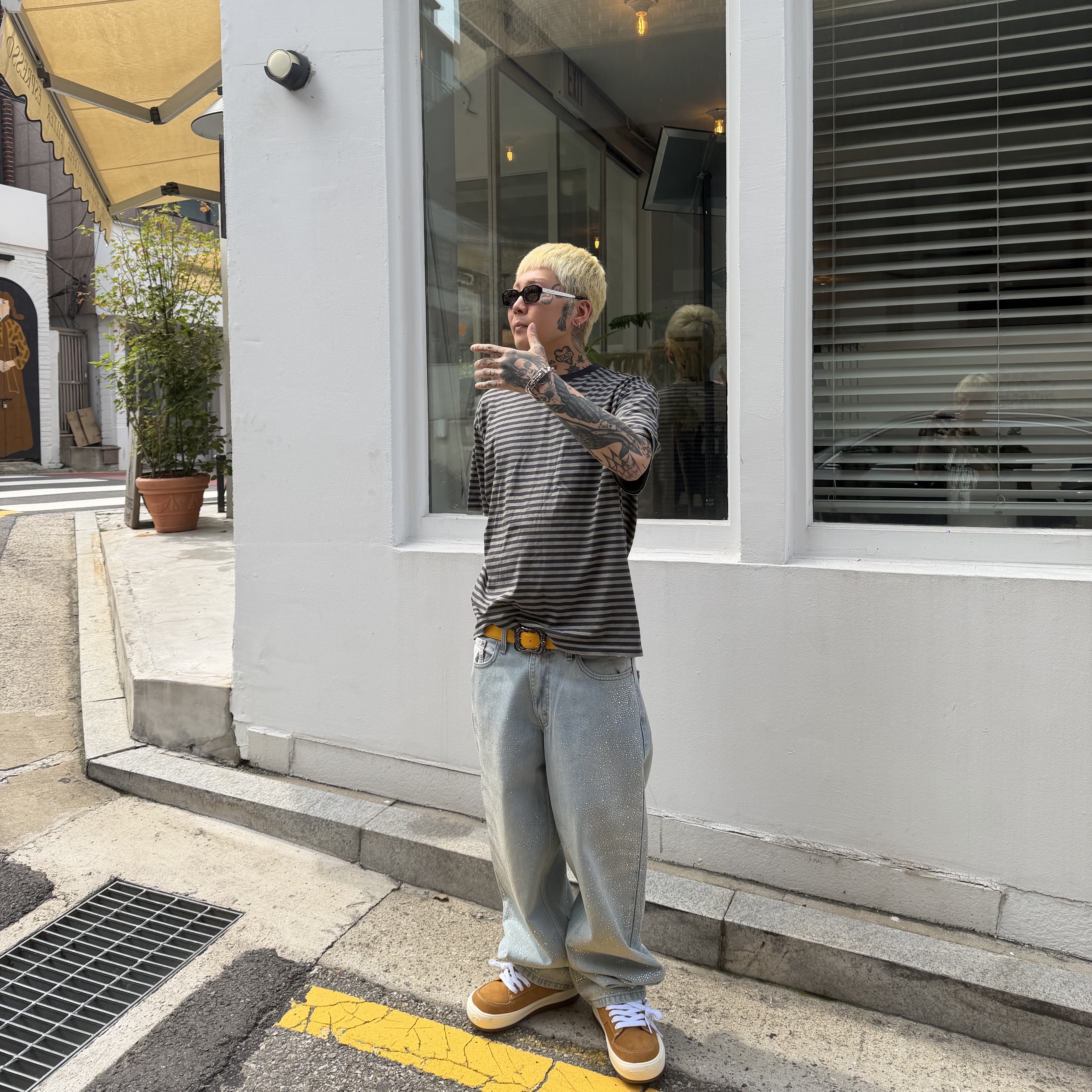 NOFAKESHIT Bust Down 578 30x32, Undermycar 25FW Double Floral Buckle Plain Leather Belt Yellow 착용 스타일 - 1