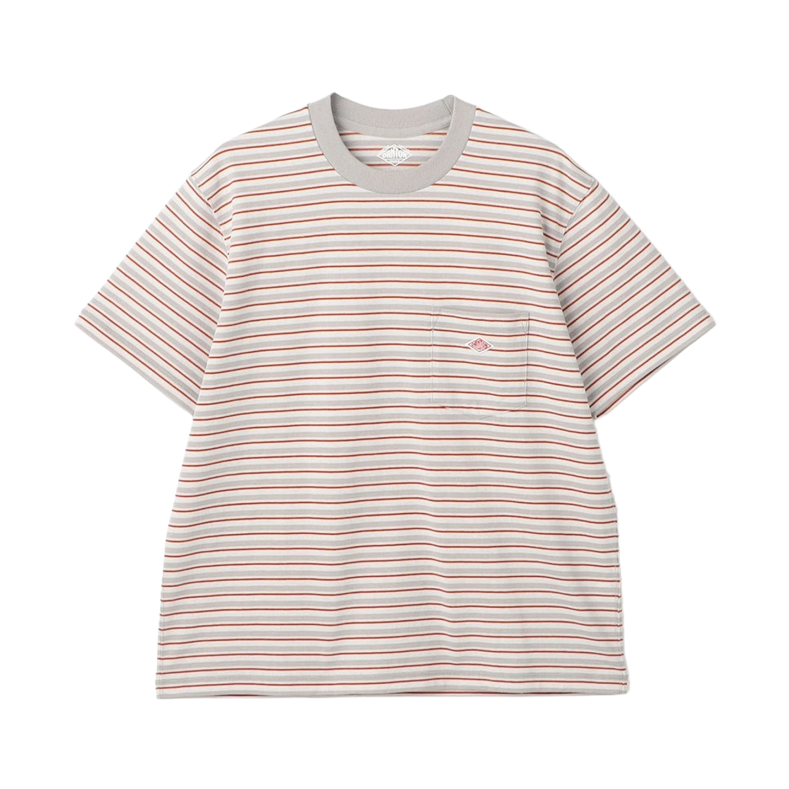 (W) 단톤 스트라이프 숏슬리브 포켓 티셔츠 그레이 레드 멀티((W) Danton Stripe Short Sleeve Pocket T-Shirt Grey Red Multi) - 1