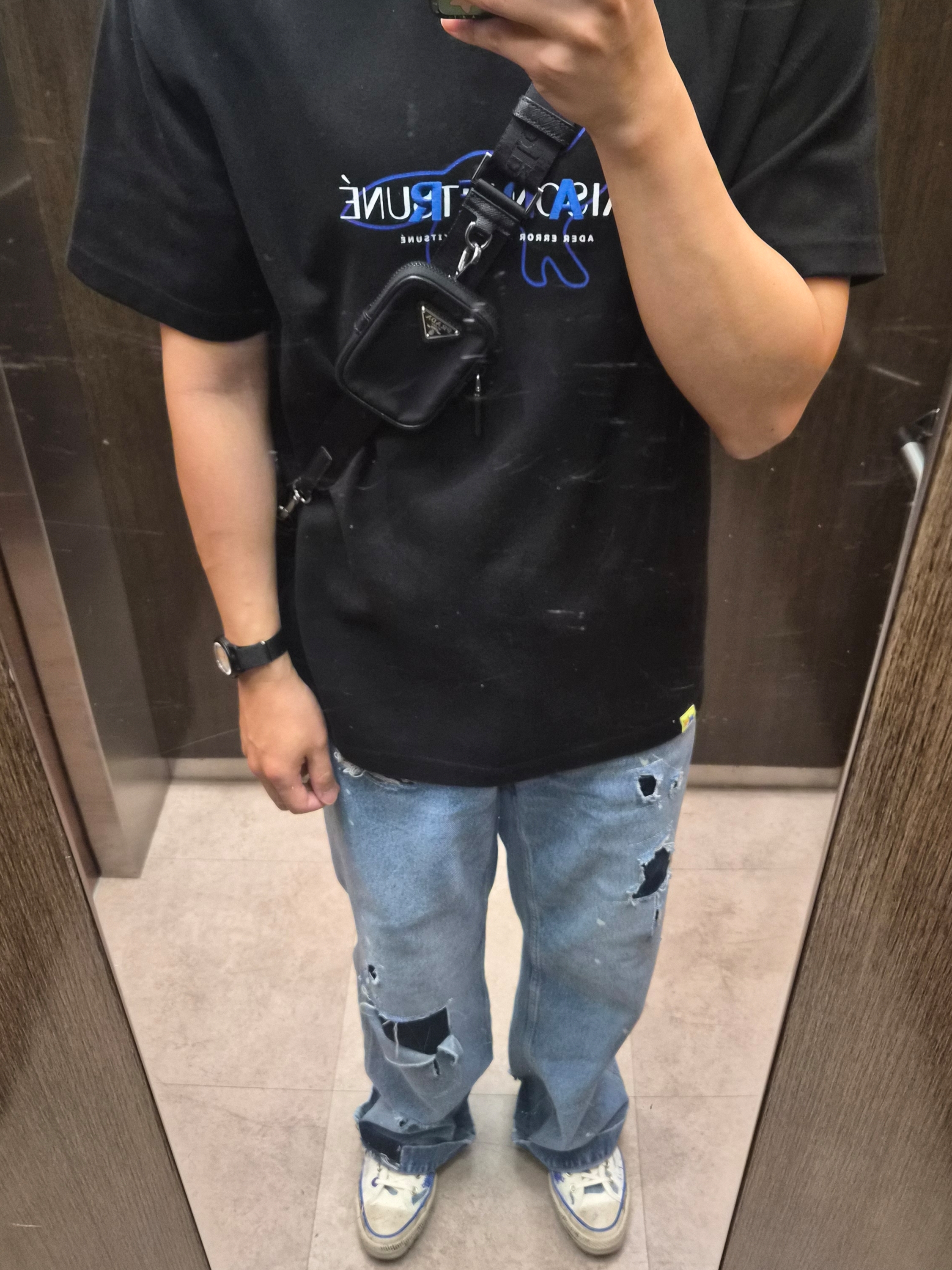 Zara x Ader Error Patchwork Jeans Blue, Converse x Ader Error Chuck 70 High White 착용 스타일