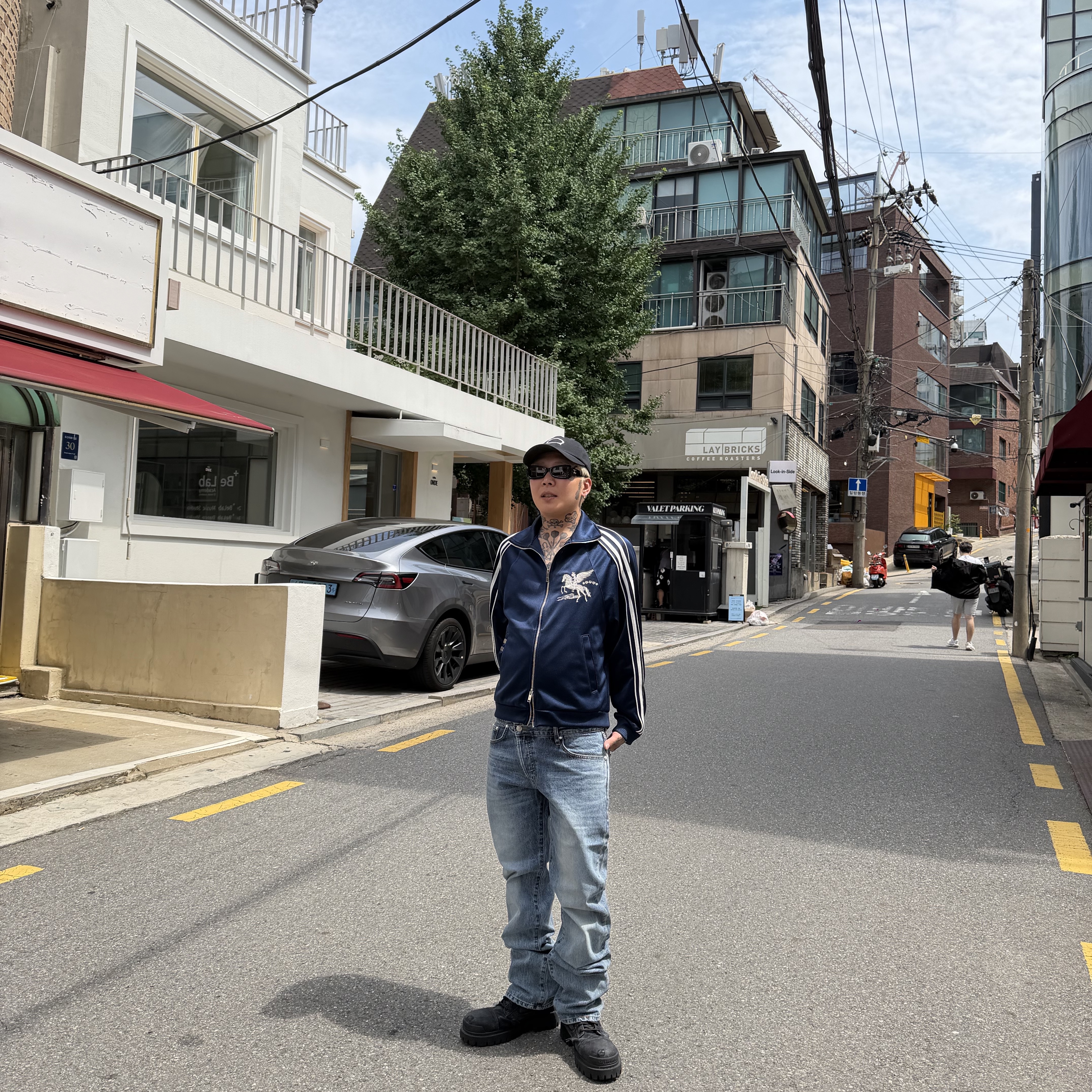 NOFAKESHIT Pure Denim, [트리플적립] PACOSPLY Falling Angel Sports Jacket Navy 착용 스타일 - 2