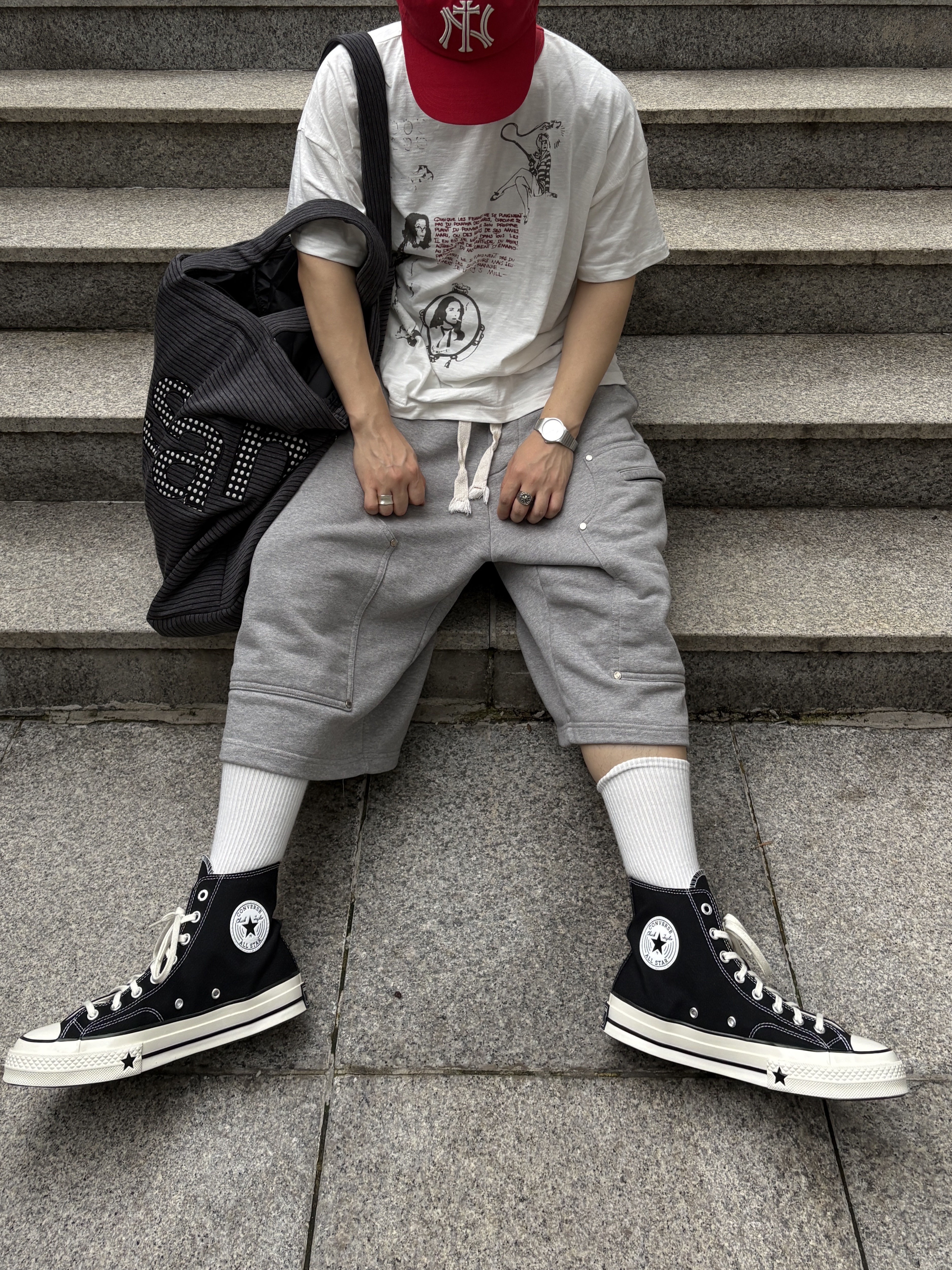 ETCE Ny Cross Washed Cap Red, MJD Oversized Stamp Ringer T-Shirt White 착용 스타일 - 3