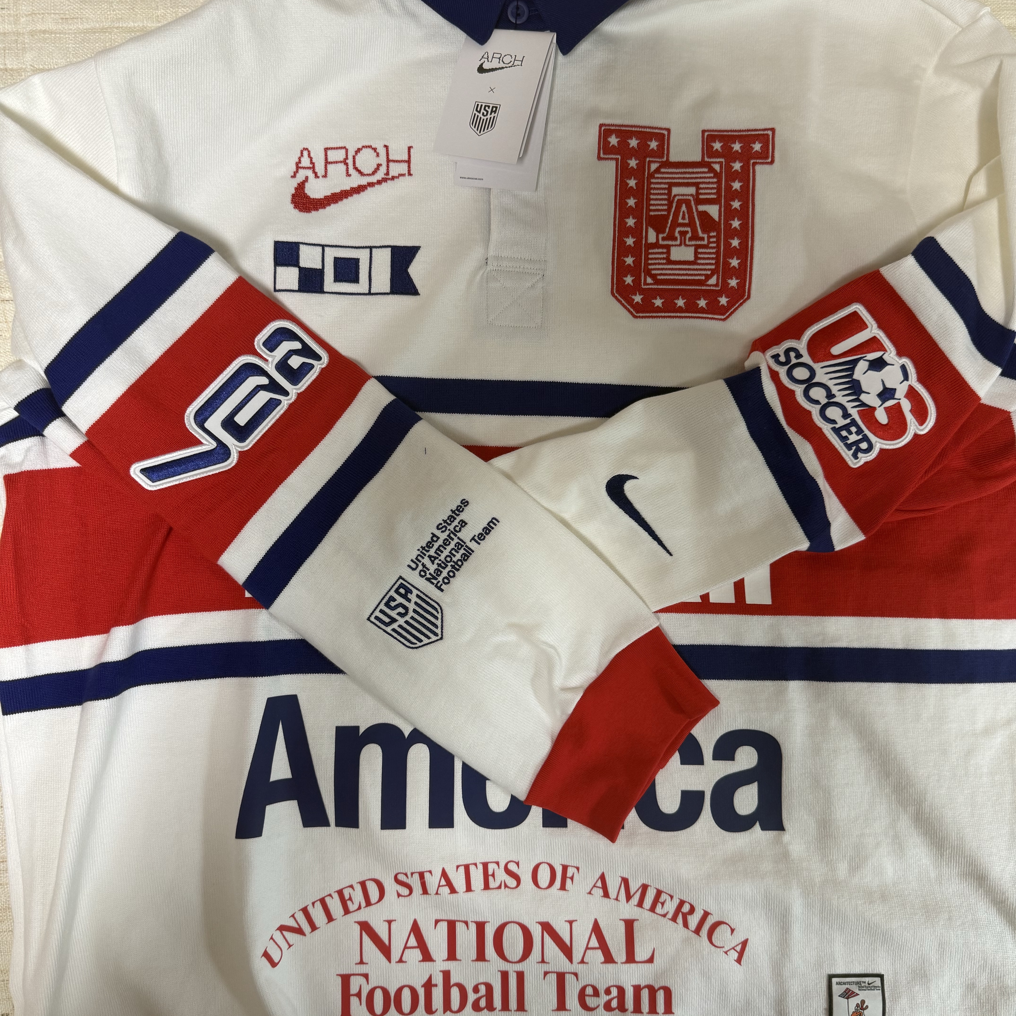 Nike x Virgil Abloh Archive USA Long Sleeve Rugby Top White (IM3227-100) 착용 스타일 - 2