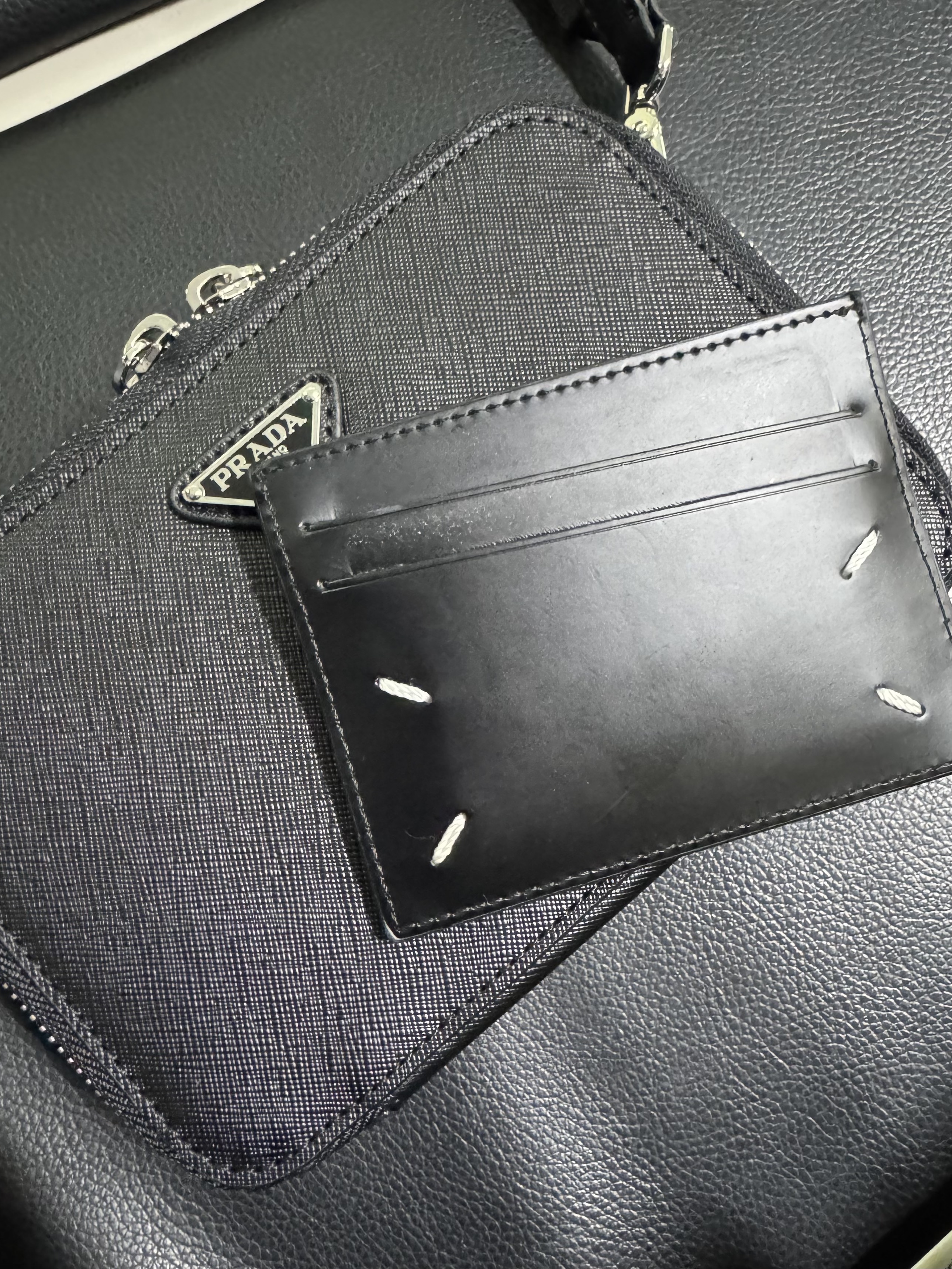 Prada Brique Embroidered Fabric Bag Black, Maison Margiela Stitch Card Holder Black 착용 스타일