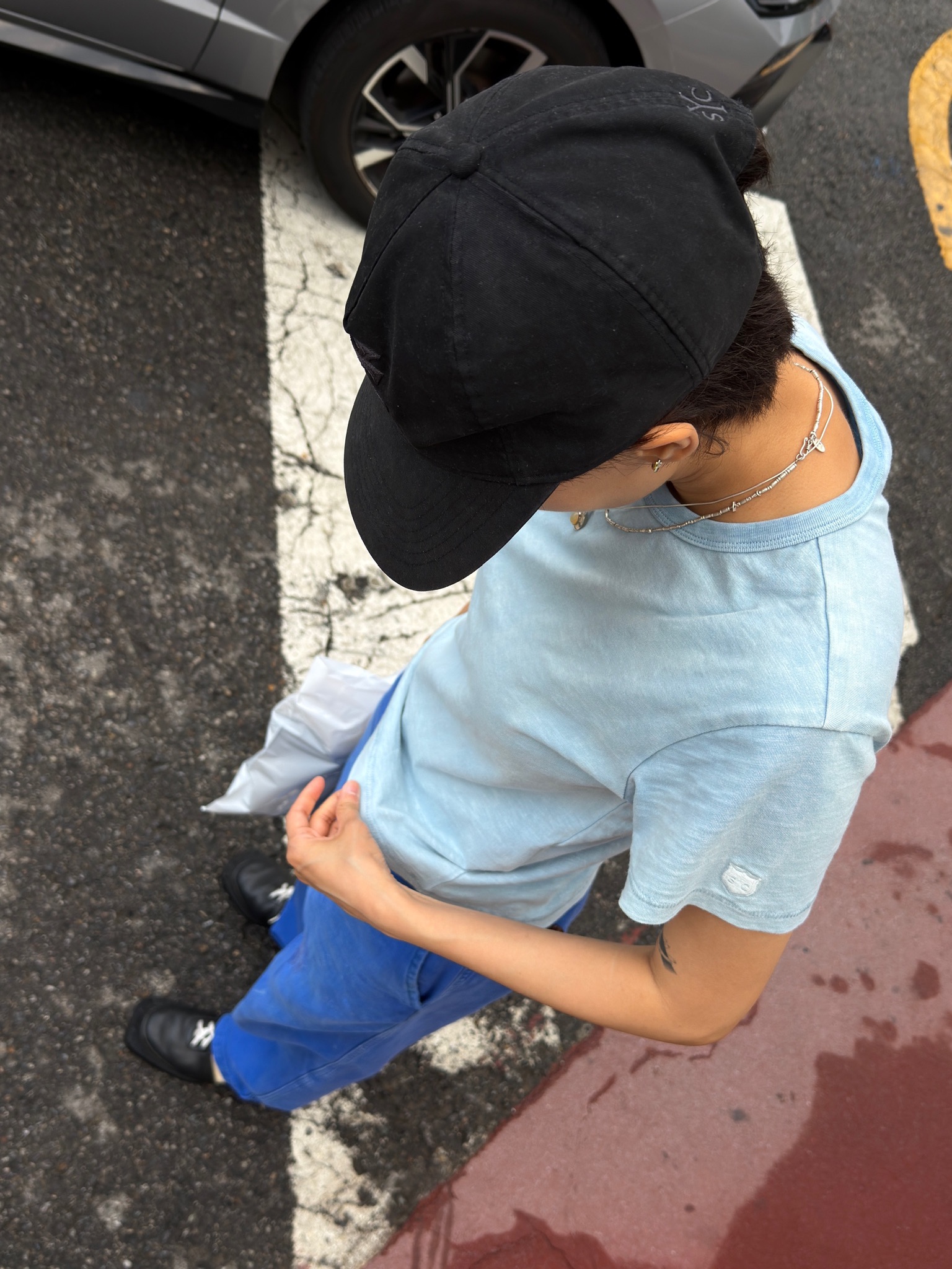 Sunday Ceremony Sy Logo 5 Panel Cotton Cap - Black, (W) SUNDAY CEREMONY Natural Dyed Basic Slub Tee - Ash Indigo 착용 스타일
