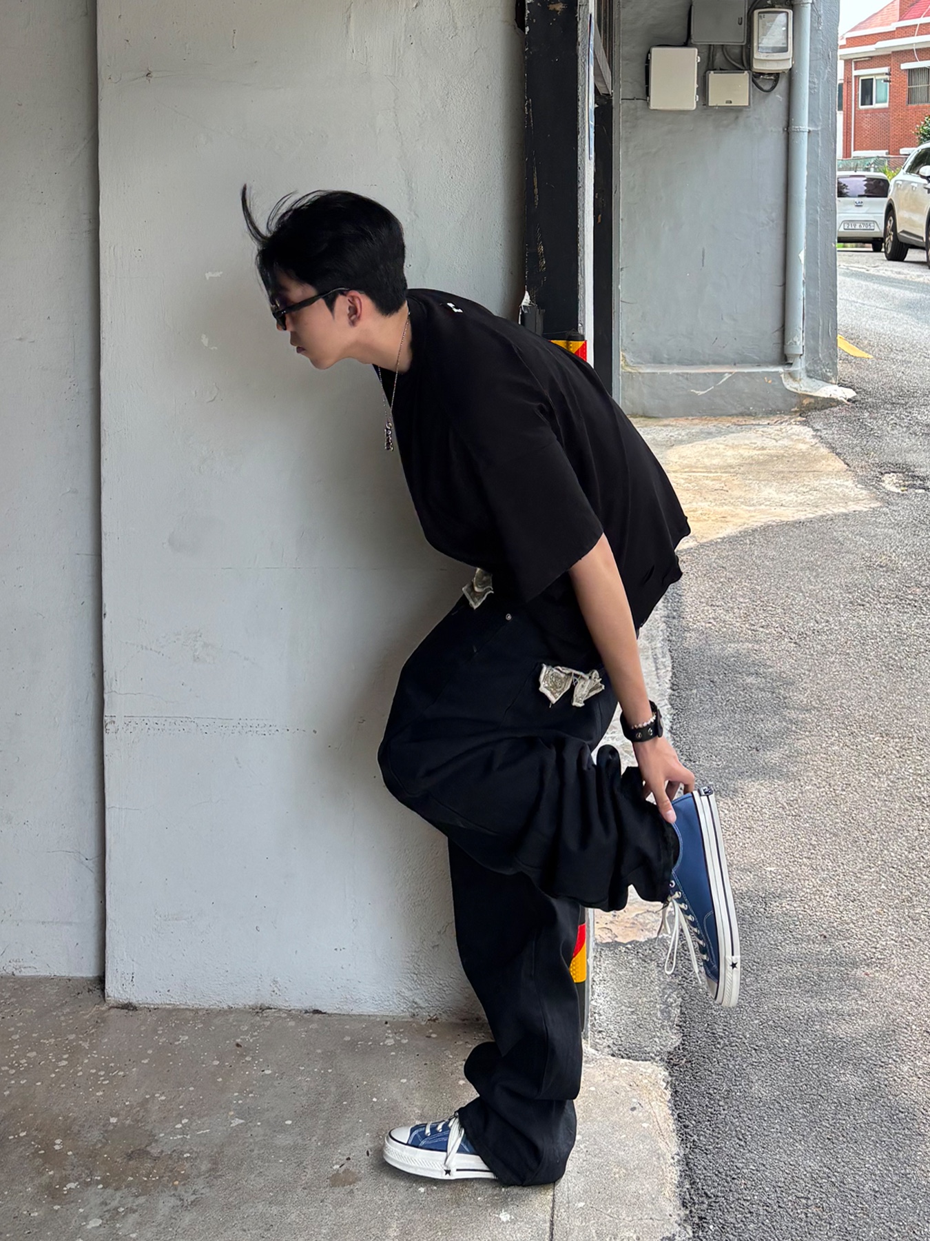 Converse Chuck 70 Ox Vintage Canvas Rush Blue, Hommless $13 Bill Pocket Pants Black 착용 스타일 - 3