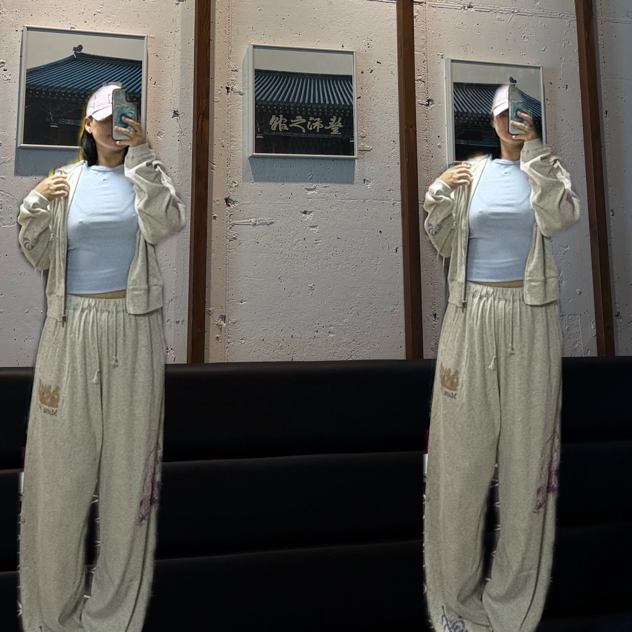 Matin Kim Vintage Washed Graffiti Hoody Zip Up In Beige, Matin Kim Square Logo Cutout Ball Cap Pink 착용 스타일 - 1
