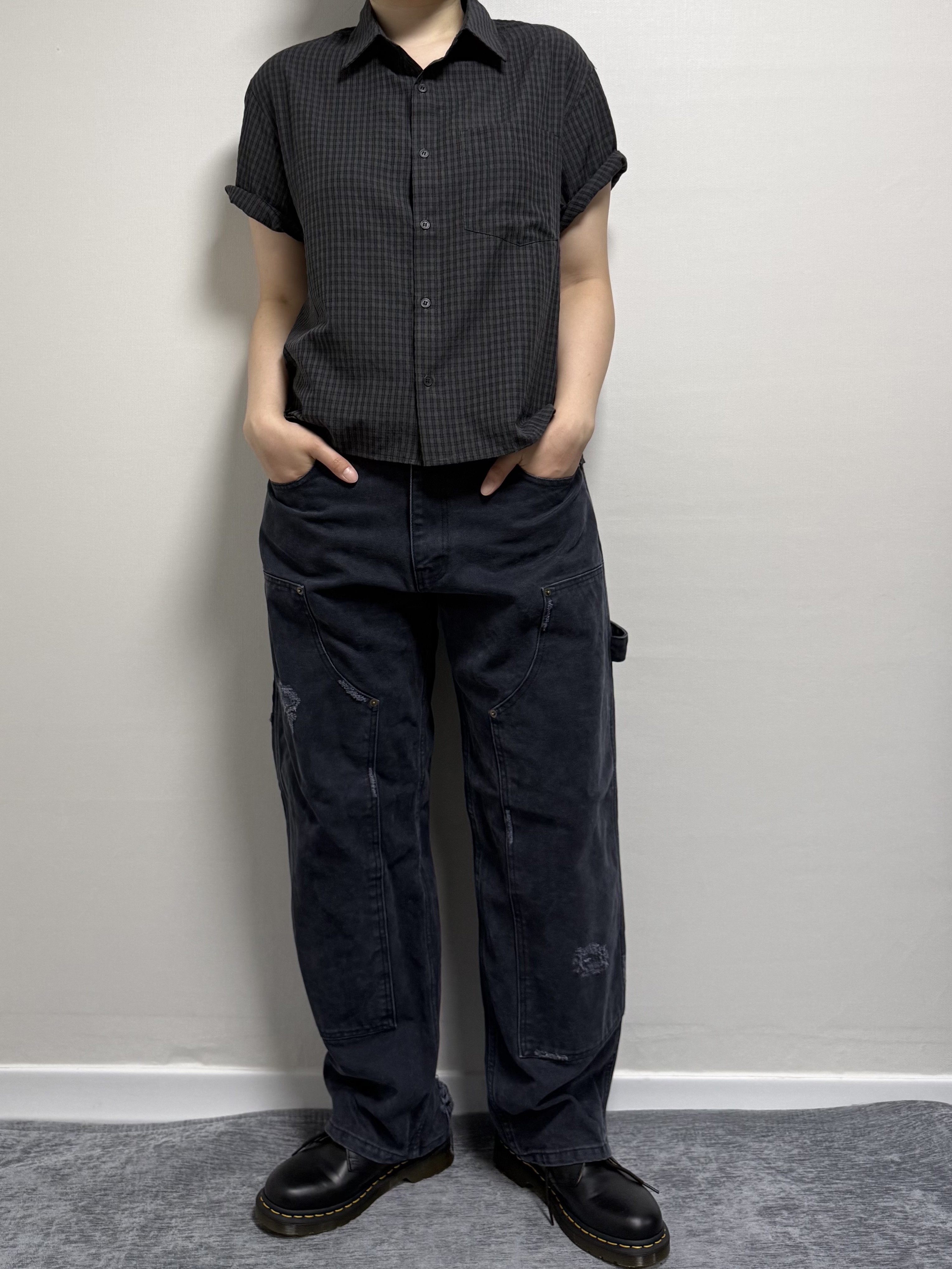 Dr. Martens 1461 Smooth Black, Aoiro x TRSC VTG Double Knee Pants Old Navy 착용 스타일 - 1