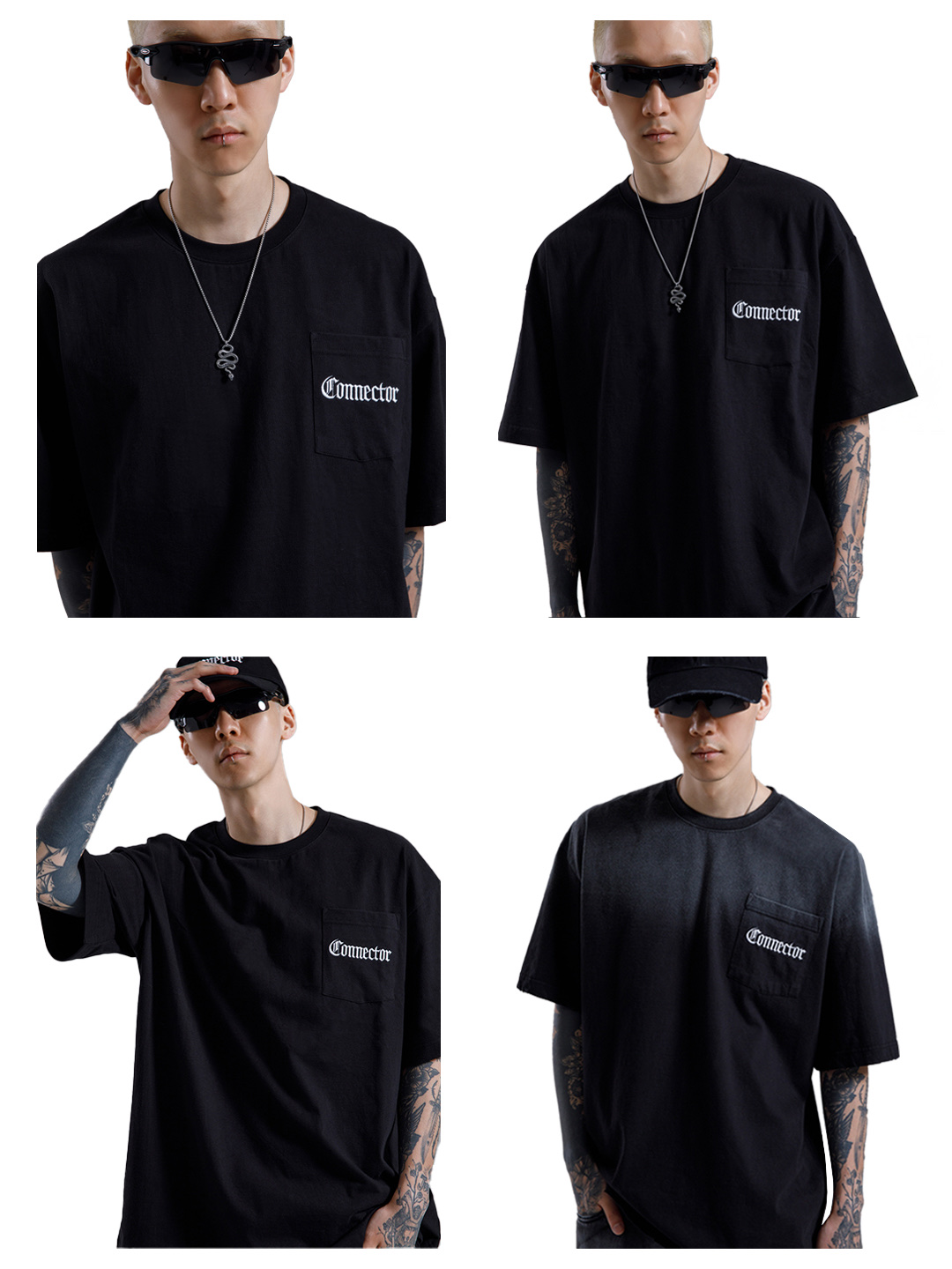 AX CONNECTION Destroyed Connector Embroidered Oversized T-Shirt Washed Black, AX CONNECTION Connector Embroidered Oversized T-Shirt Black 착용 스타일 - 1