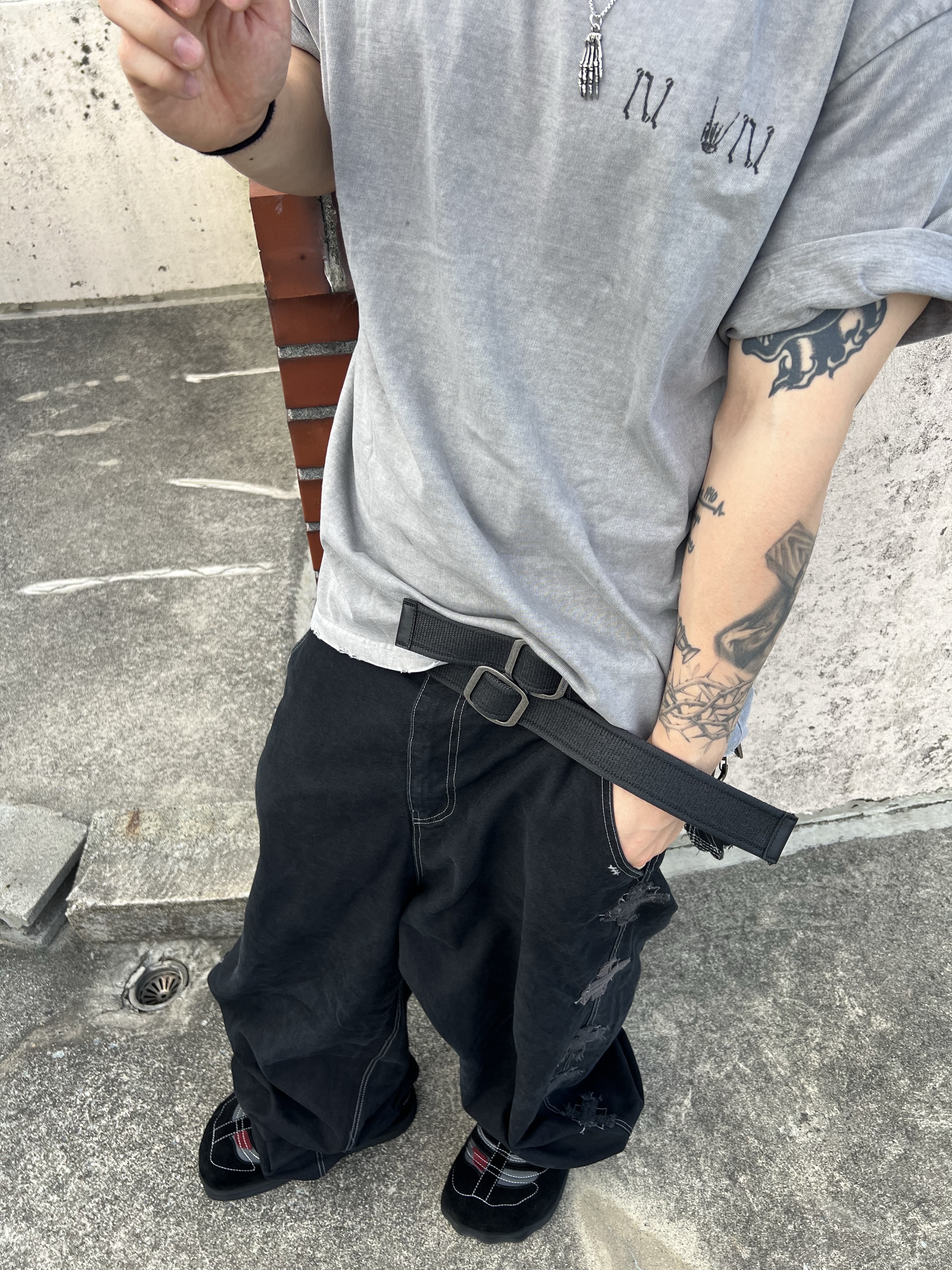Farfromwhat Coated Double Buckle Woven Belt 착용 스타일 - 1