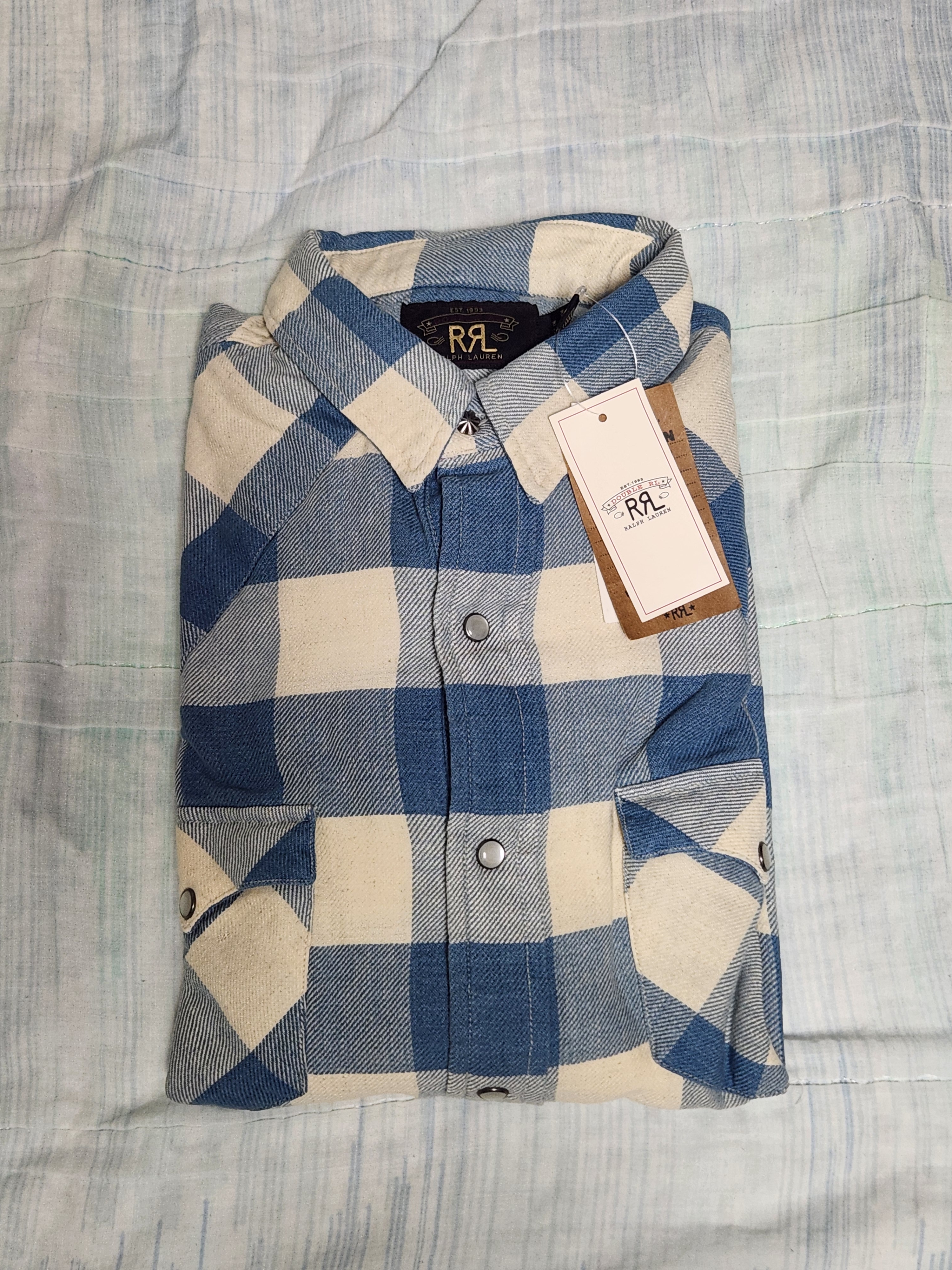 Double RL Slim Fit Plaid Twill Western Shirt Indigo Cream 착용 스타일