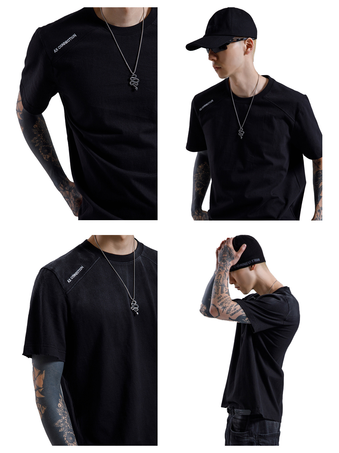 AX CONNECTION Destroyed Connector Embroidered Oversized T-Shirt Washed Black, AX CONNECTION Connector Embroidered Oversized T-Shirt Black 착용 스타일 - 2