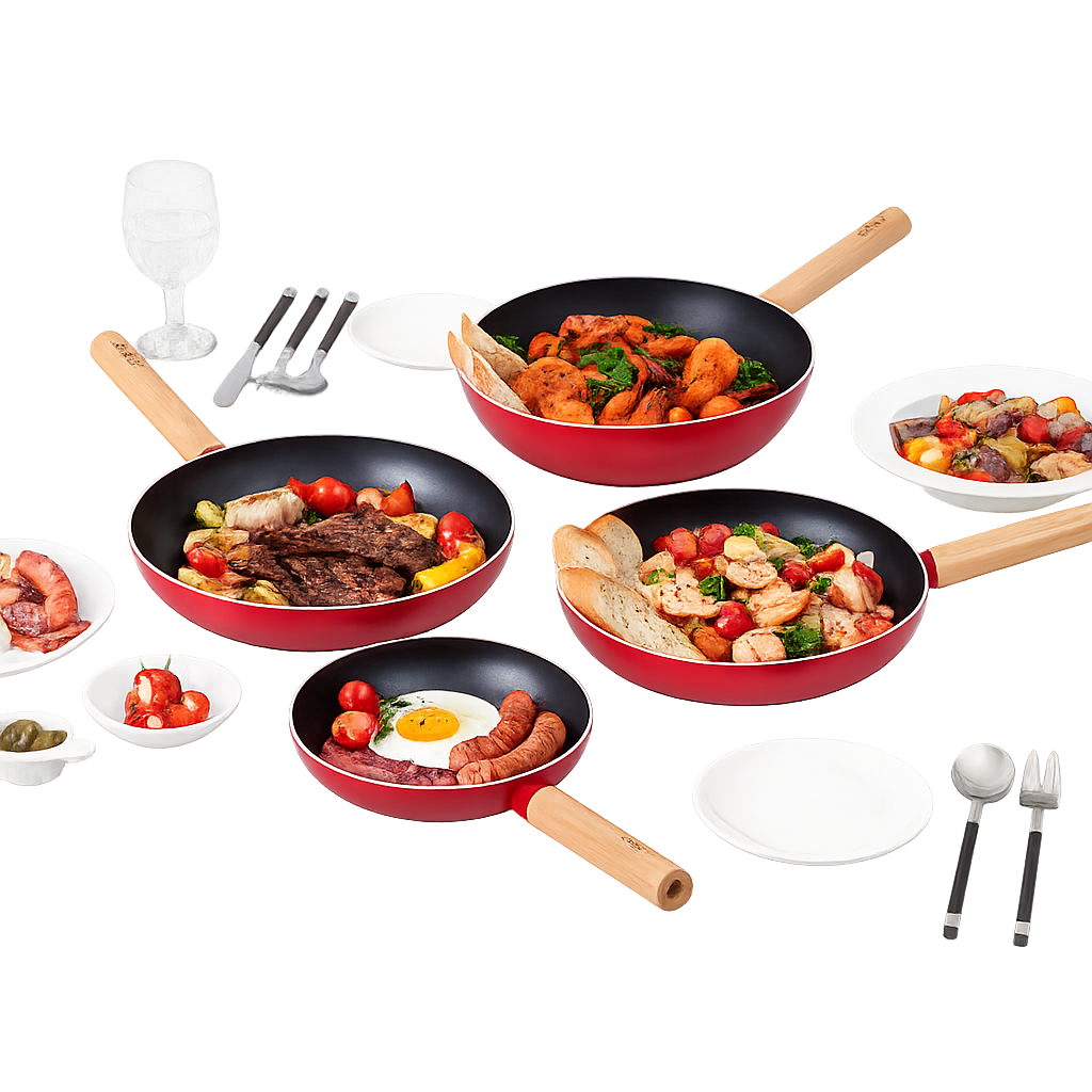 로시 IH투톤레드 후라이팬 4종B(20+26+28cmfp+궁중28cm)(Rossi IH Two‑Tone Red Frying Pan 4‑Piece Set B (20cm + 26cm + 28cm Frypan + 28cm Deep Pan))
