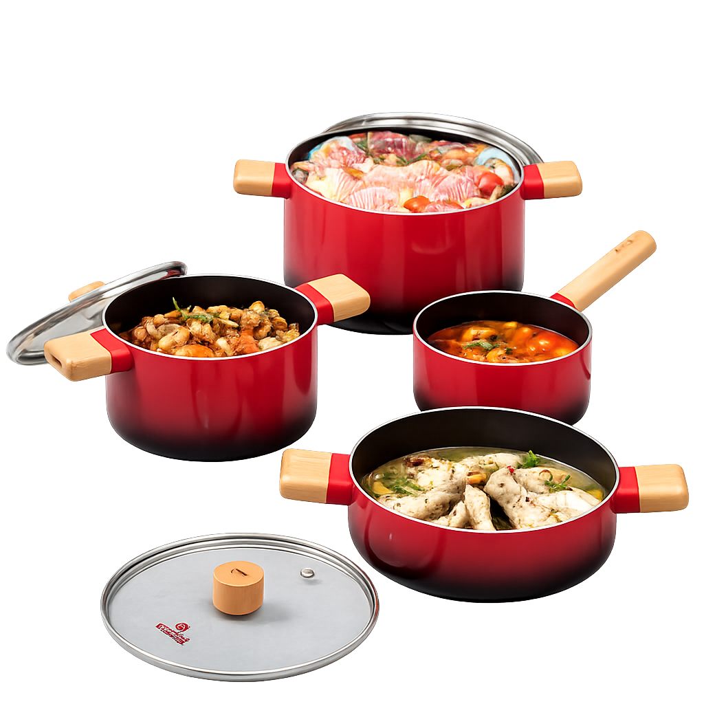 로시 IH투톤레드 4종냄비세트(16편수+20양수+22전골+24곰솥)(Rossi IH Two‑Tone Red 4‑Piece Pot Set (16cm Saucepan + 20cm Casserole Pot + 22cm Shallow Pot + 24cm Stock Pot))