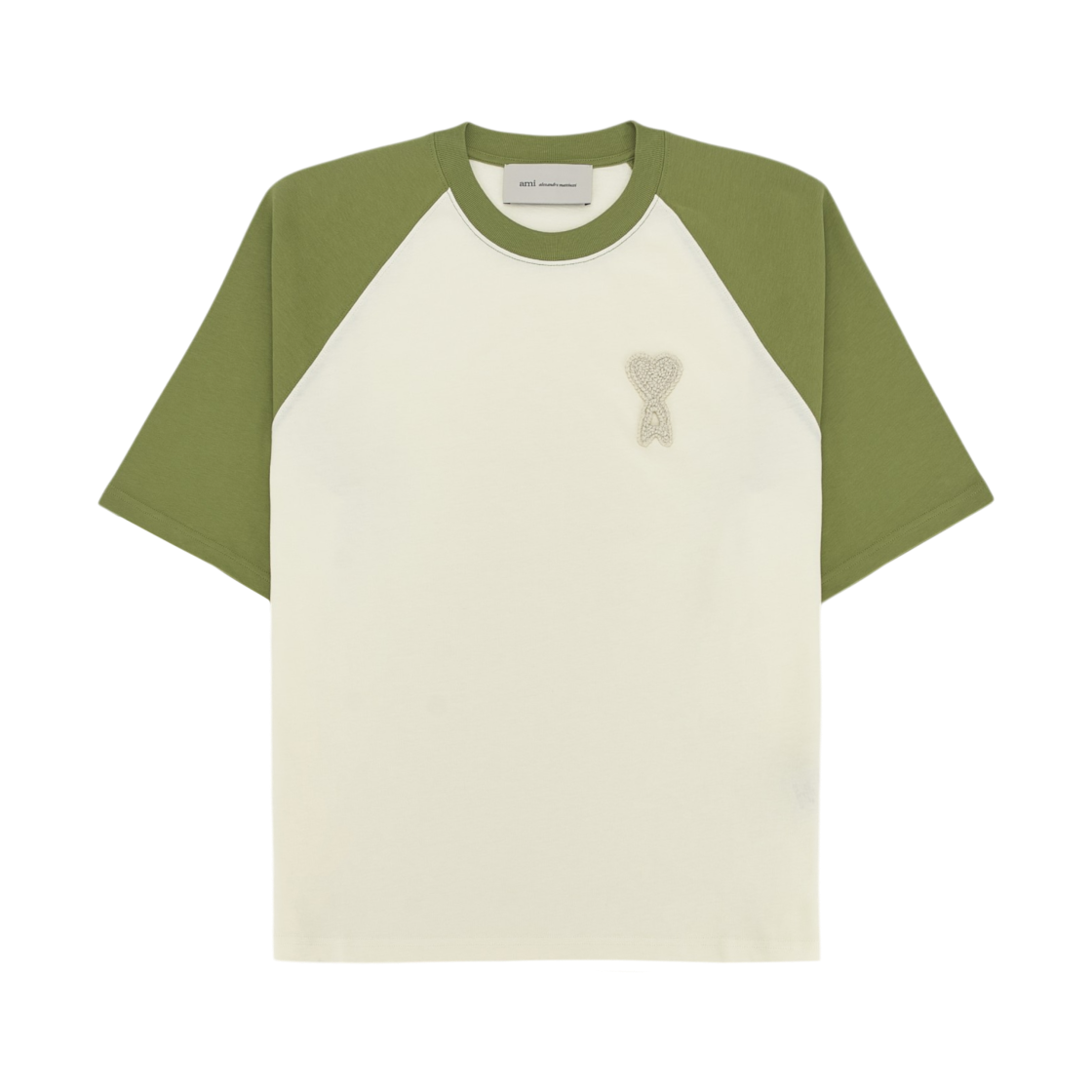 UTS379-726-A041 AMI White and Green Cotton Ami De Coeur Knitted Patch T-Shirt White Cream Matcha