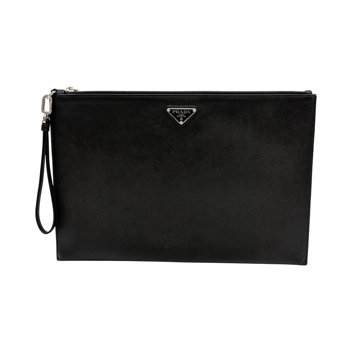 IT95OEE83DBR Prada Saffiano Triangle Logo Clutch Bag Black