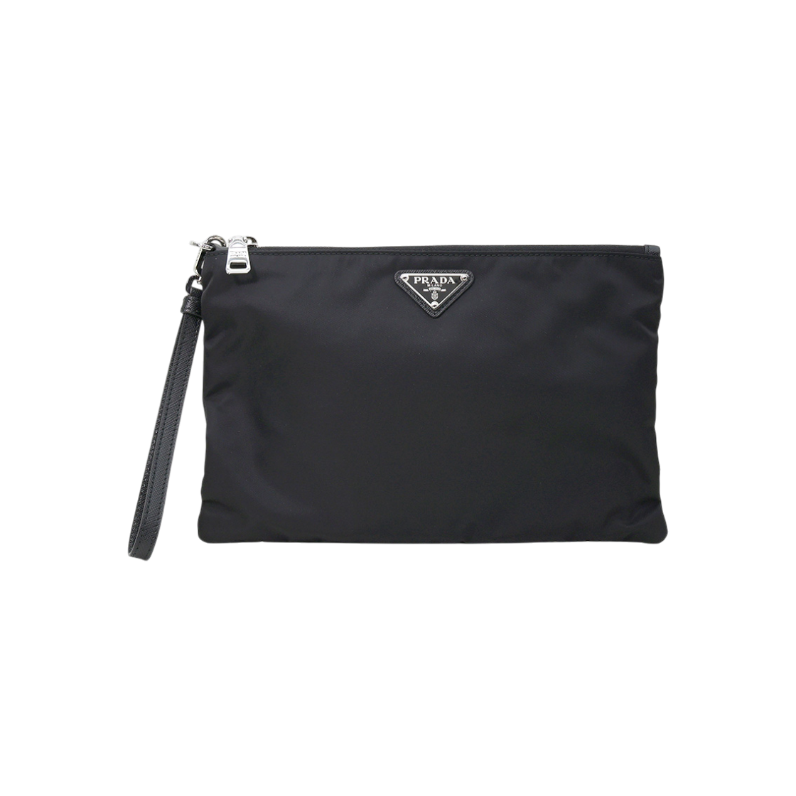 ITLCI8EQHCIW Prada Black Tessuto Saffiano Trim Triangle Logo Strap Pouch Clutch