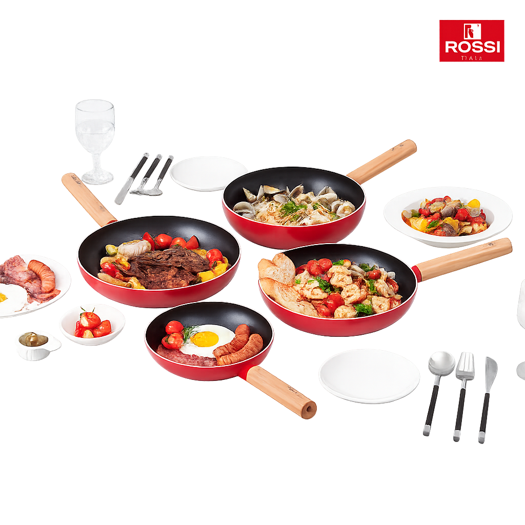 로시 IH투톤레드 후라이팬 4종A(20+26+28cmfp+궁중26cm)(Rossi IH Two‑Tone Red Frying Pan 4‑Piece Set A (20cm + 26cm + 28cm Frypan + 26cm Deep Pan))