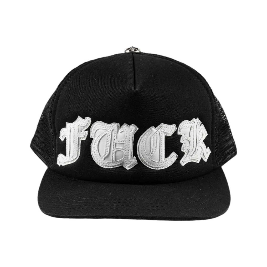 - Chrome Hearts Fuck Leather White Patch Trucker Hat Black