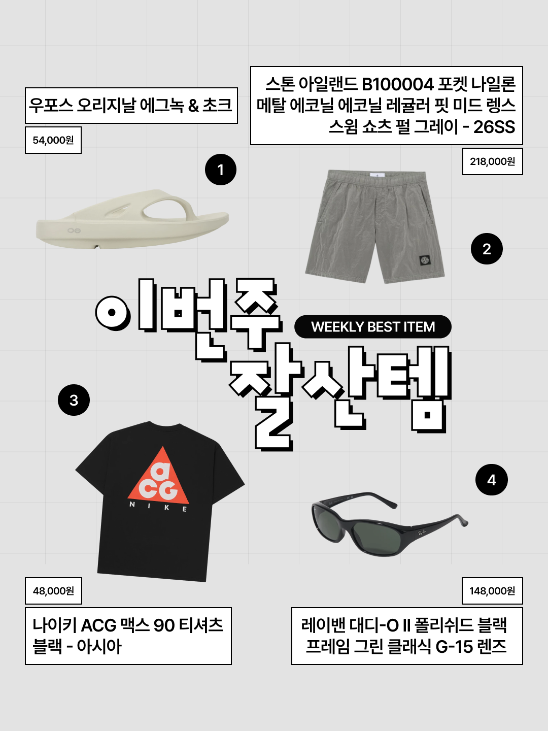 Oofos OOriginal Eggnog & Chalk, Stone Island B100004 Nylon Metal in Econyl Regular Fit Mid Length Swim Shorts with Pockets Pearl Grey - 26SS 착용 스타일 - 1