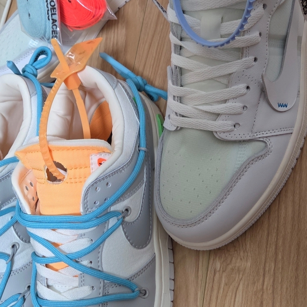 Jordan 1 x Off-White Retro High White, Nike x Off-White Dunk Low The 50 - Lot 36 착용 스타일