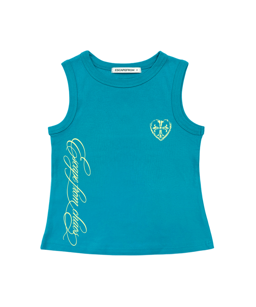 이스케이프프롬 ESCF 레터링 크로스 프린트 슬리브리스 터콰이즈 민트(Escapefrom ESCF Lettering Cross Print Sleeveless Top Turquoise Mint)
