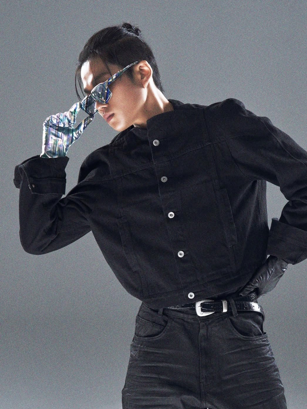 AX CONNECTION Crocodile Texture Belt, AX CONNECTION Waxed Curved Wide Baggy Denim Pants 착용 스타일
