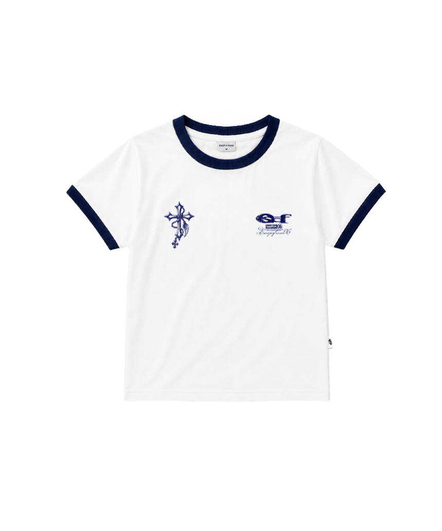 E261LTS013NV Escapefrom Chain Cross Print Ringer T-Shirt Navy