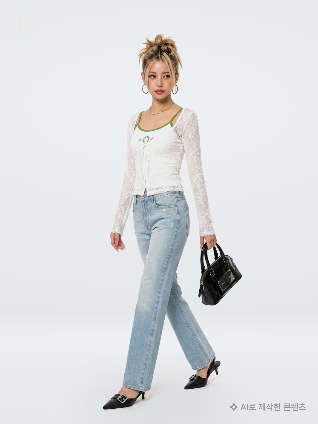 Roughneck Lace Layered Sleveless Mint, OJOS Button Denim Mini Skirt / Charcoal 착용 스타일 - 4
