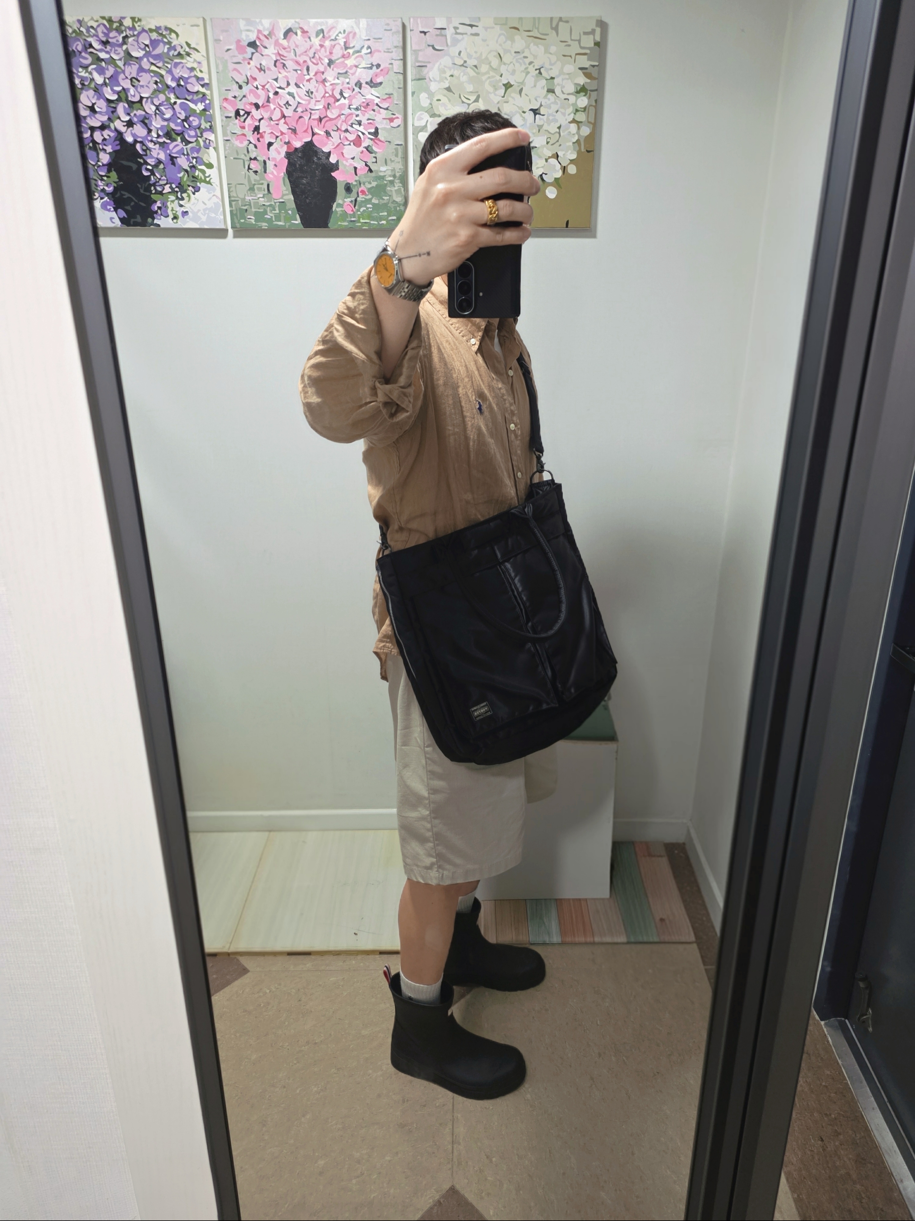 Porter All New Tanker Carrying Tote Bag Black, Hunter Play Short Wellington Boots Black 착용 스타일 - 2