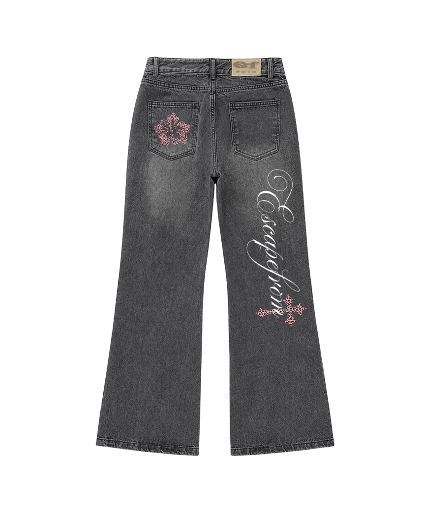 E261BDP004BK Escapefrom Back Point Print Bootcut Denim Pants Black