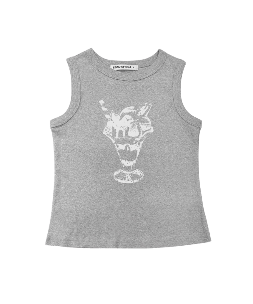 E261BSL007GR Escapefrom Vintage Parfait Print Sleeveless Top Gray