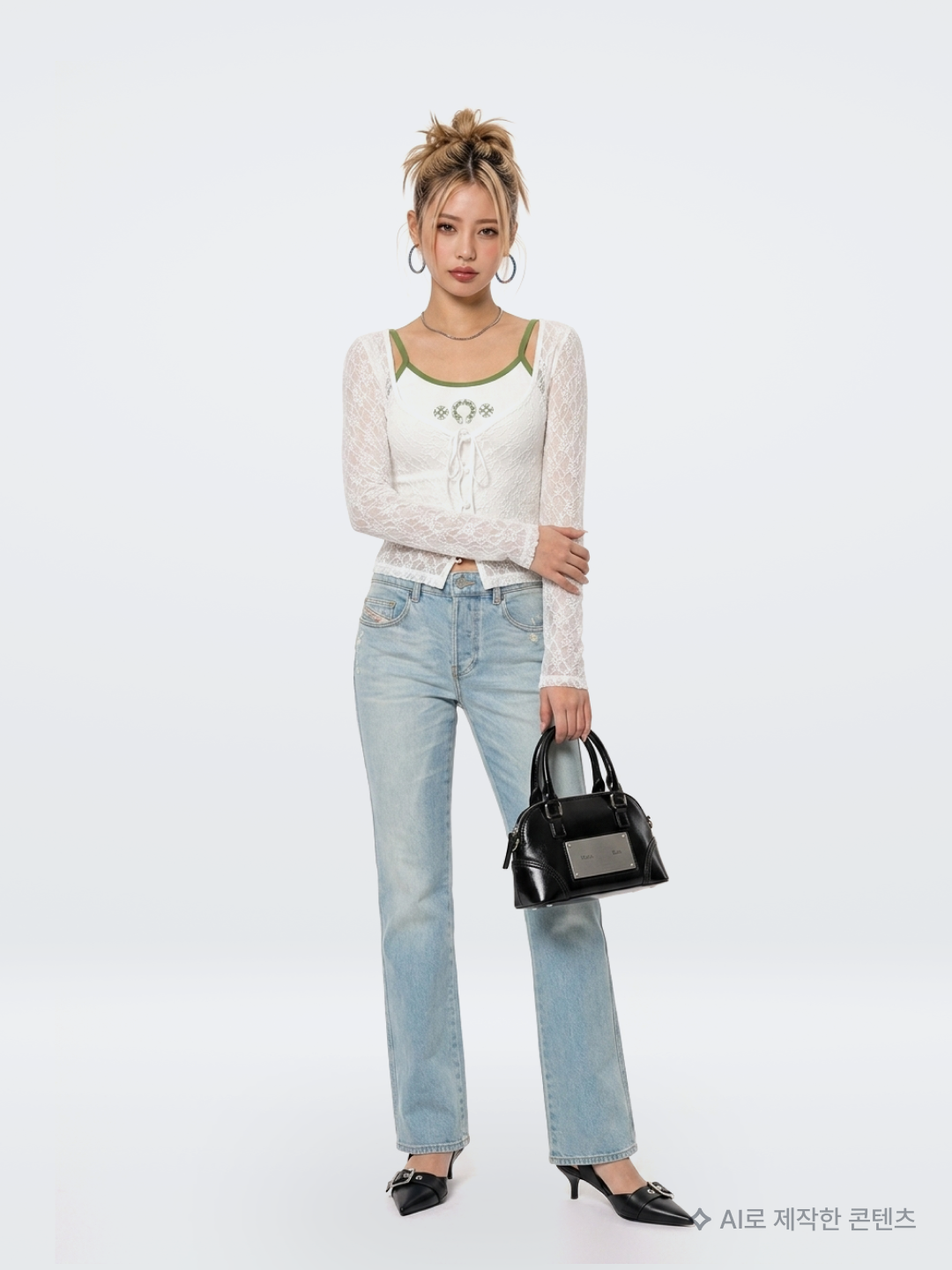 Roughneck Lace Layered Sleveless Mint, OJOS Button Denim Mini Skirt / Charcoal 착용 스타일 - 5